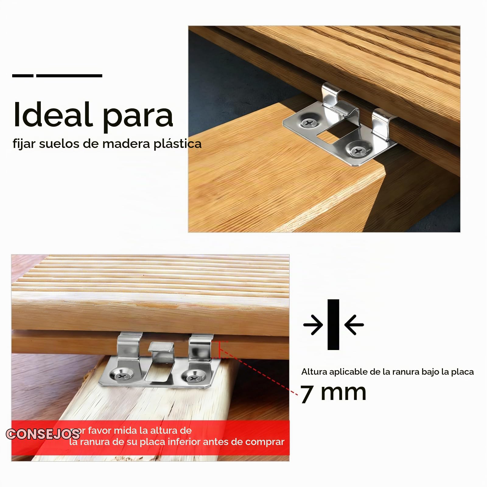 100 unidades Clips de fijación para tarimas WPC en acero inoxidable, Clips ocultos, Separadores para fijación de tarimas WPC/BPC (Plateado, Espacio 3mm, Altura 7mm)