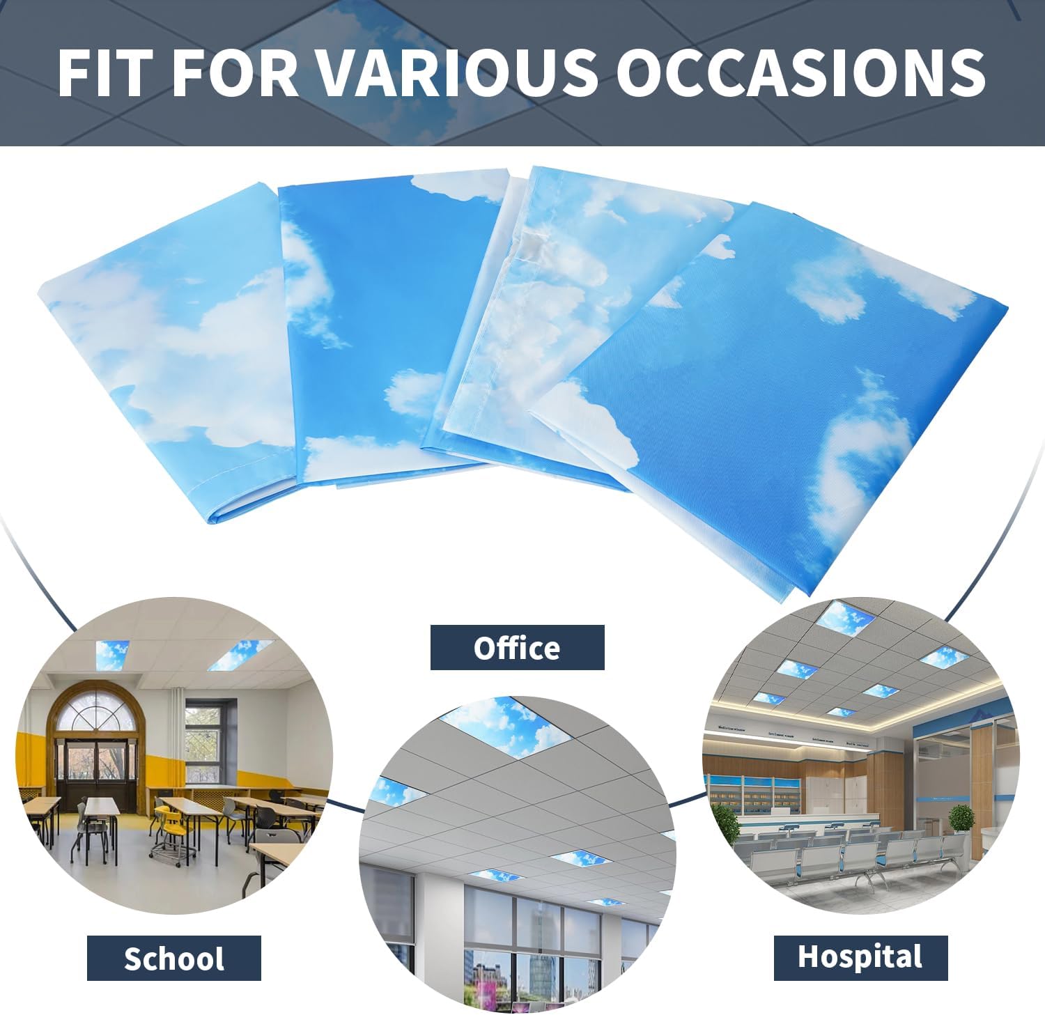 Fluorescent Light Covers for Ceiling Lights Classroom 4 Pcs Light Cover Magnetic Light Filters Diffuser for Office School Cubicle Faux Window Light Shield, 4 x 2 Feet,Blue Sky Cloud