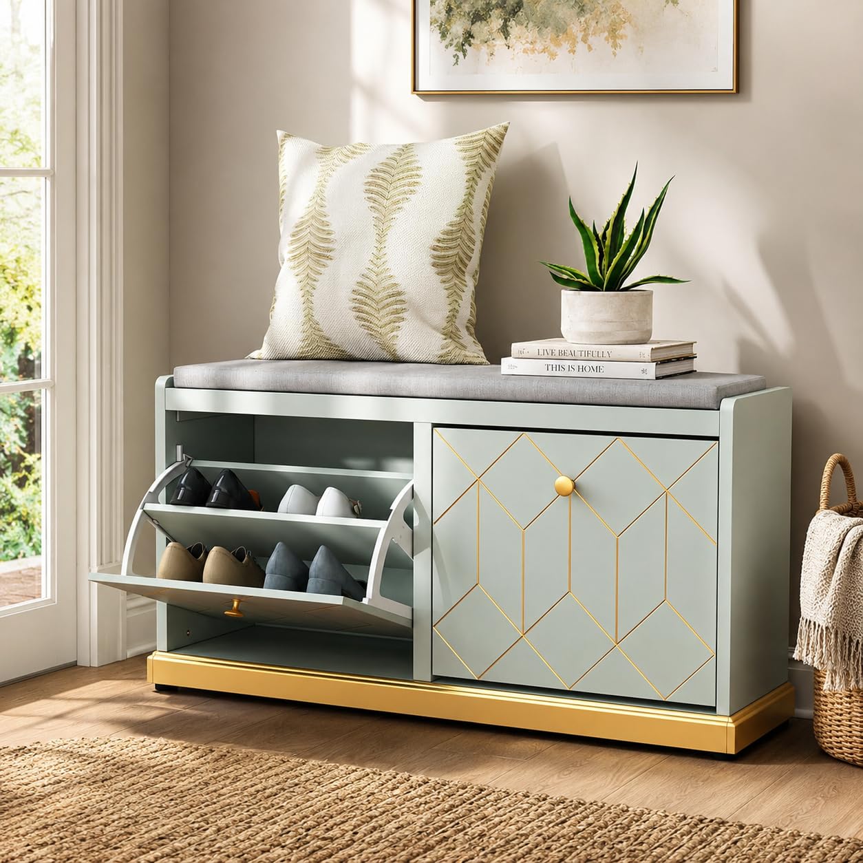 HLR Shoe Storage Bench with 2 Flip Drawer &amp; Padded Cushion Seat