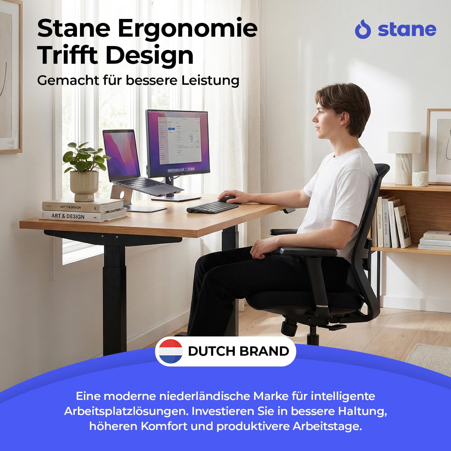 Stane Ergonomischer Bürostuhl für gesunde Sitzhaltung – Schwarz | Verfügt über leichtgängige Rollen und eine Feder für flexible Mobilität