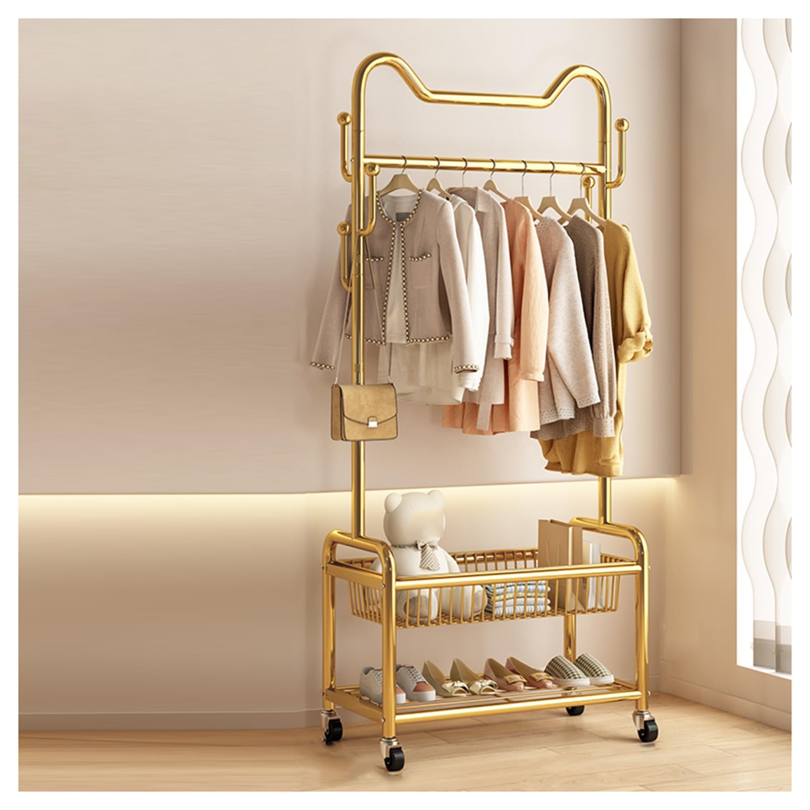 Porte-manteau autoportant doré métal avec cintre pour chambre, entrée et dressing