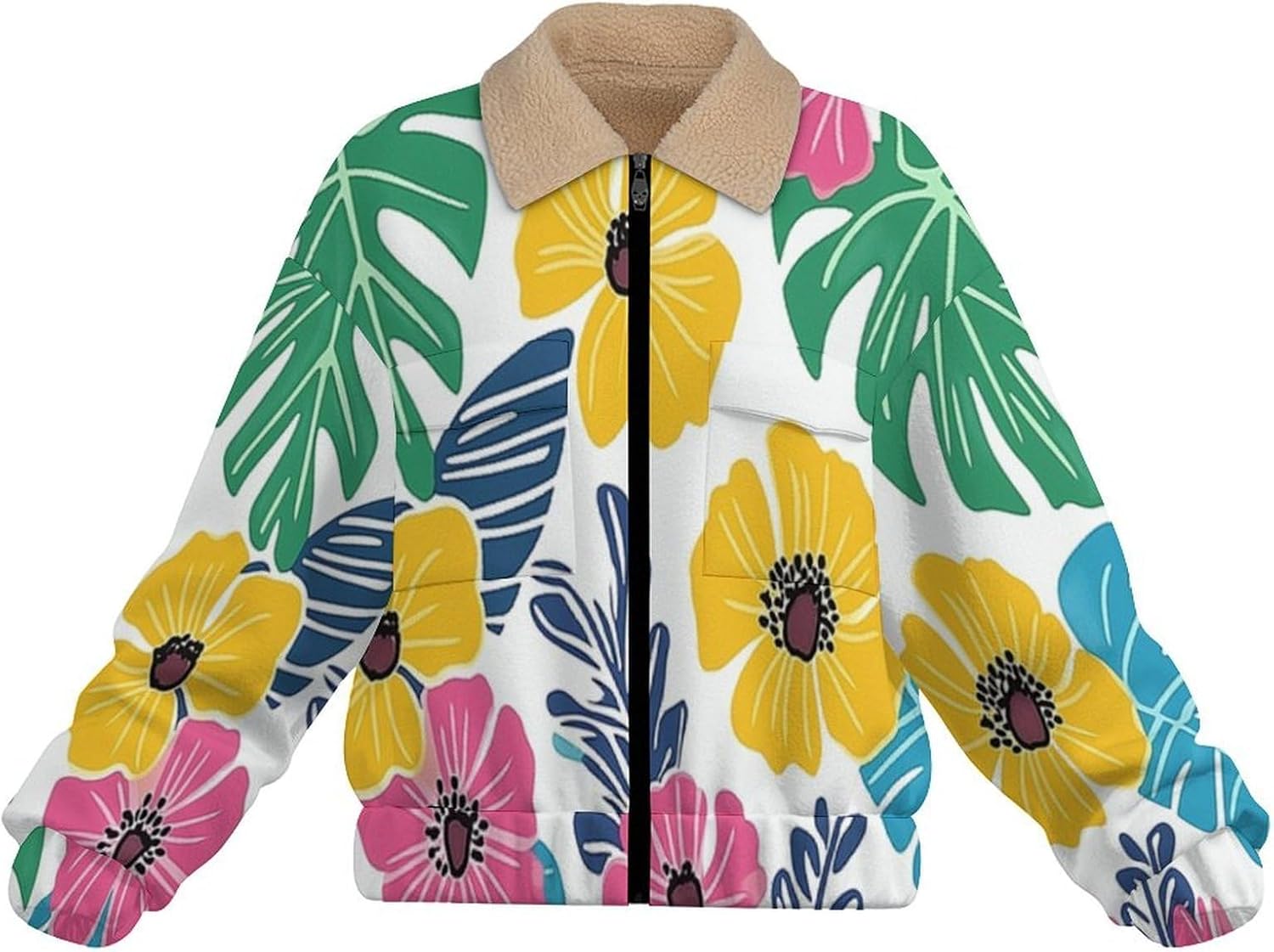 Women Winter Sherpa Lined Fleece Jacket, Long Sleeve Zip Up Tropical flowers Cropped Coats Warm Soft Polar Outwear