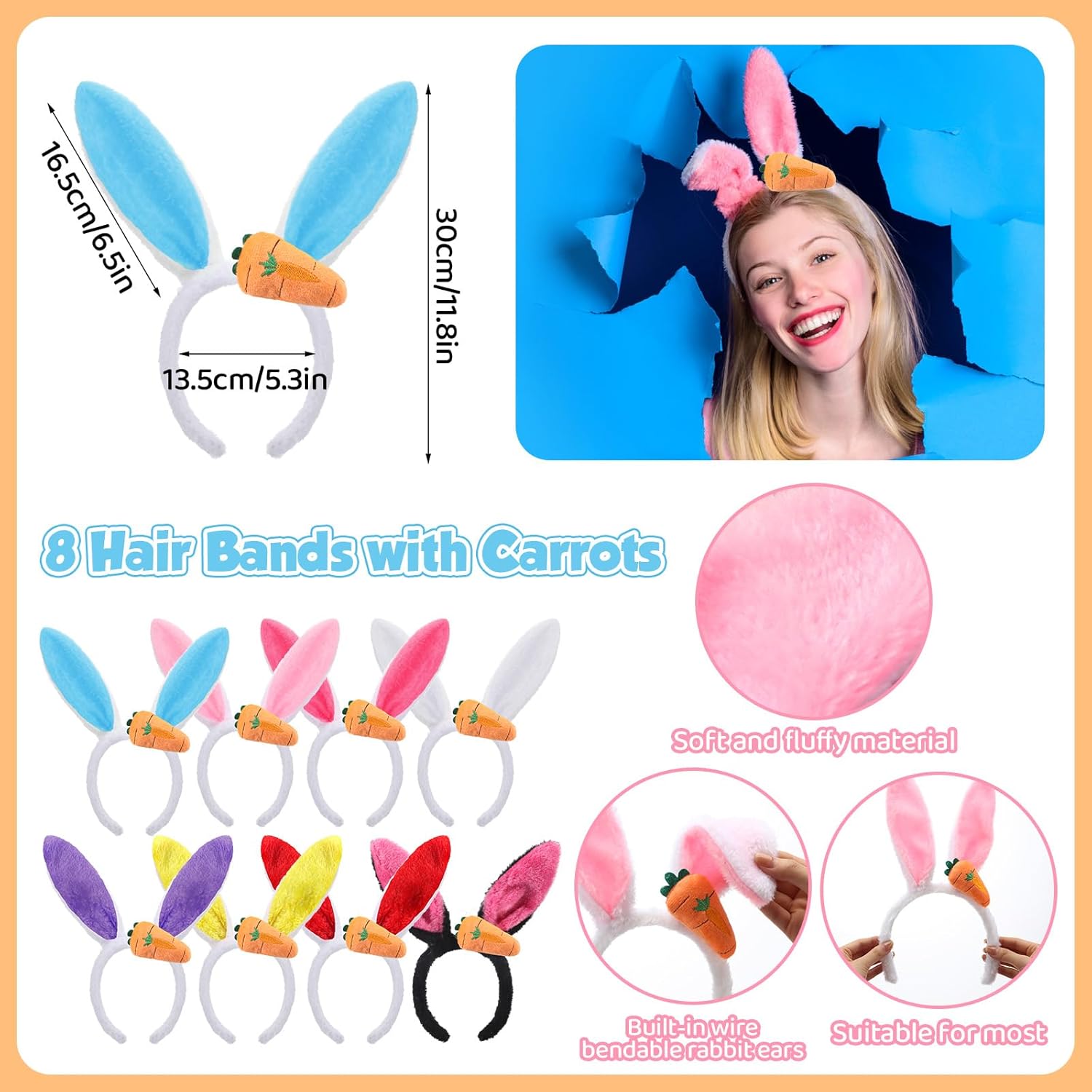 XunYee 8 Pcs Easter Bunny Ears Headband Easter Plush Rabbit Ears Cute Bunny Ears Hairband for Women Men Pet Easter Accessories
