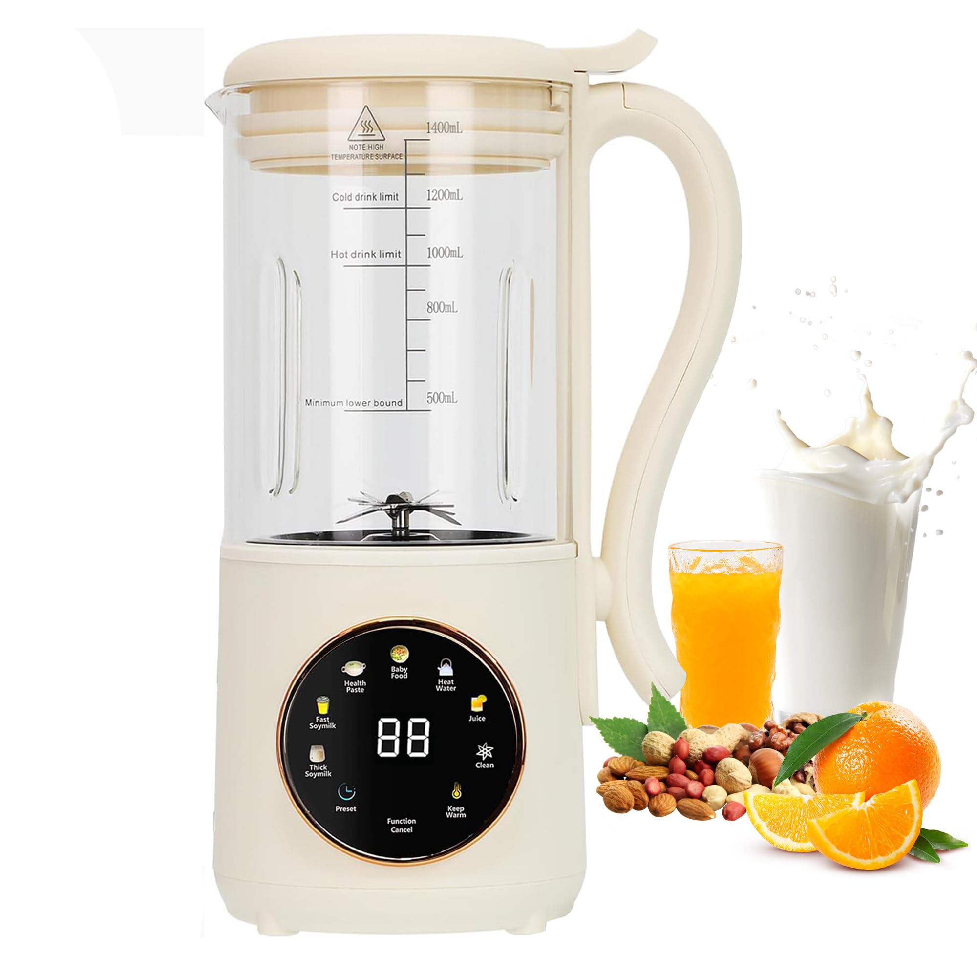 Nussmilchmaschine 1.4L, Automatischer Nussmilchbereiter, Pflanzenmilchbereiter, Hafermilch Maschine LED-Display, Entsafter Sojamilch Maschine für Selbstgemachte Pflanzenmilch, Hafer, Mandelmilch