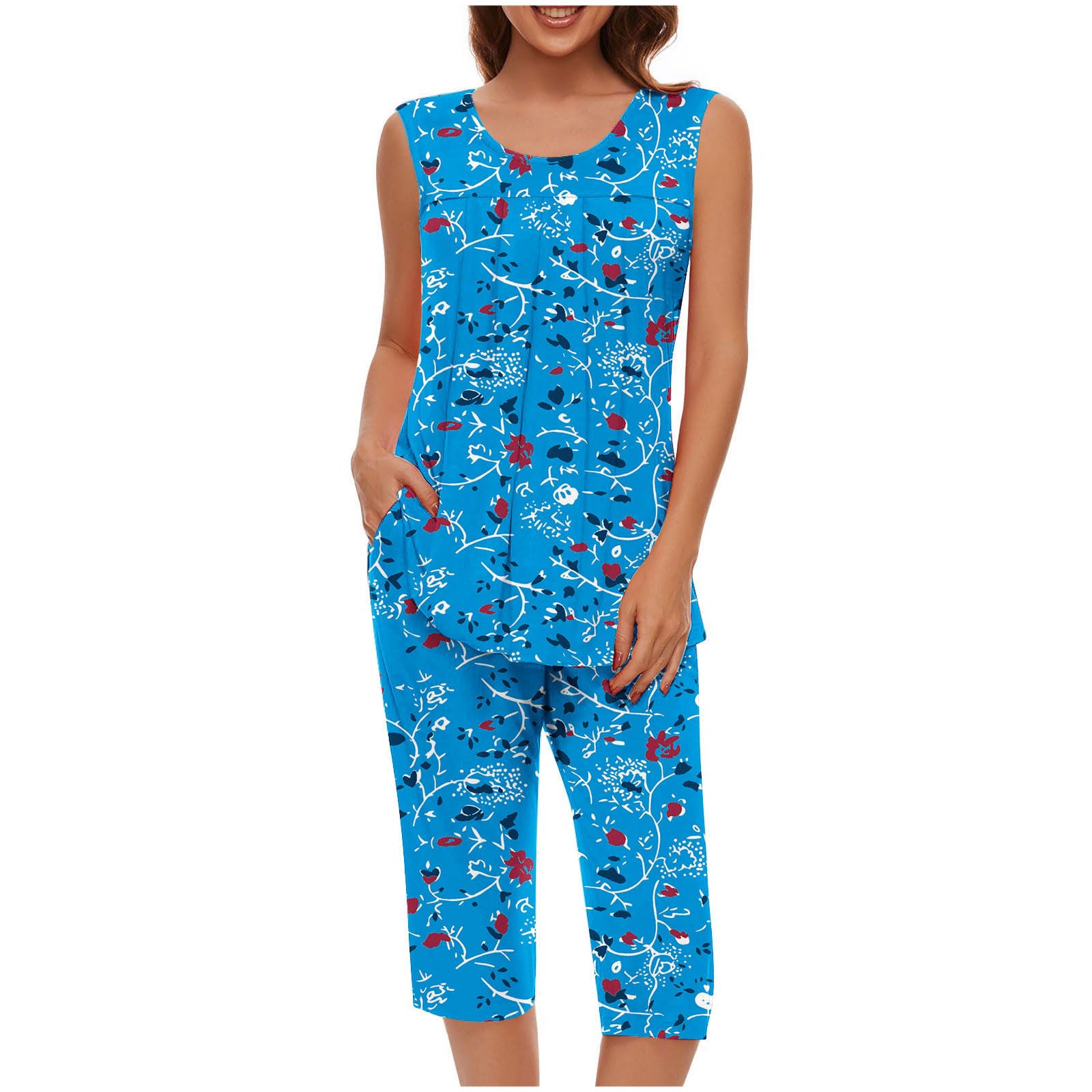 Pajama Sets for Women Summer Plus Size Lounge Sleepwear Loose Sleeveless Tops Printed Bermuda Shorts with Pockets — view 23