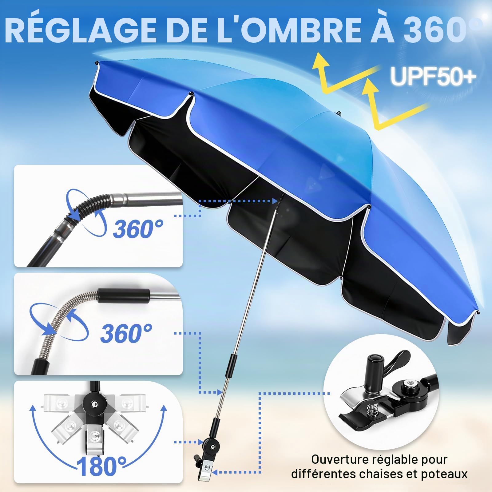 panthem Lot de 2 parasols de plage pour chaise avec support de serrage, UPF 50+ réglable à 360°, parasol de plage compact pour chaise de plage, chaise longue, chaise de camping, fauteuil roulant