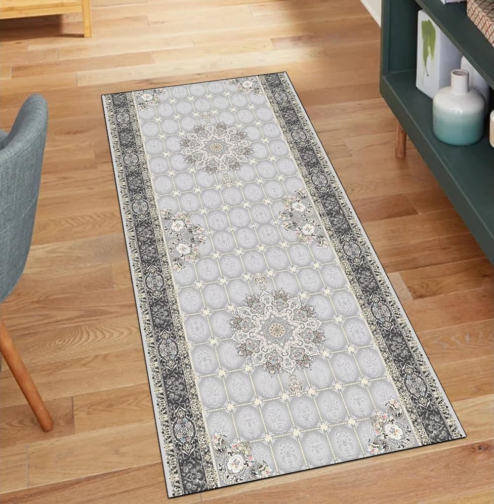 Tapis de couloir antidérapant gris 90x800 cm vintage lavable