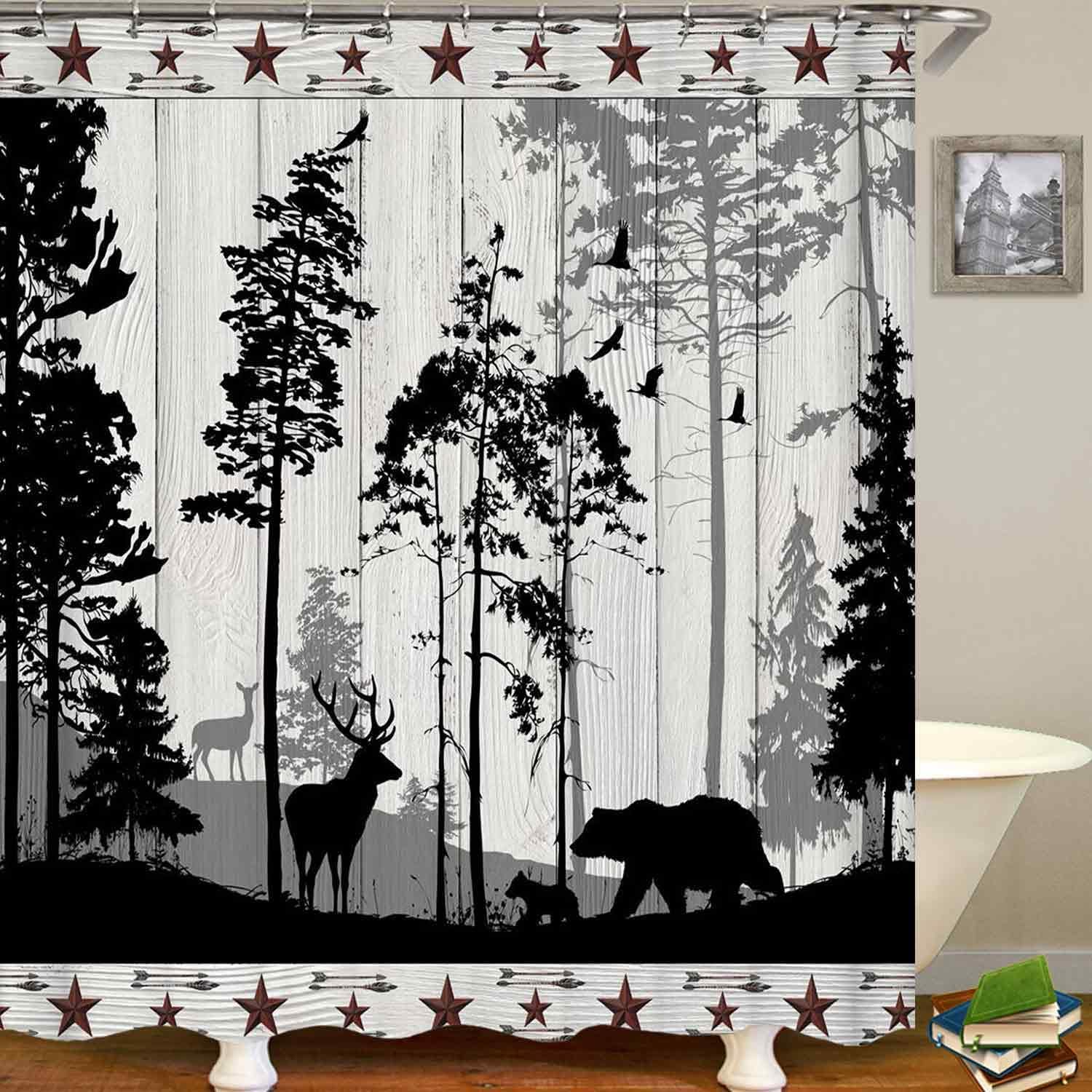 4PCS Bear Deer Shower Curtain Sets with Rugs, Waterproof Fabric Black and White Shower Curtain, Rustic Cabin Forest Animals Wildlife Hunting Lodge Texas Star Country Farmhouse Bathroom Decor