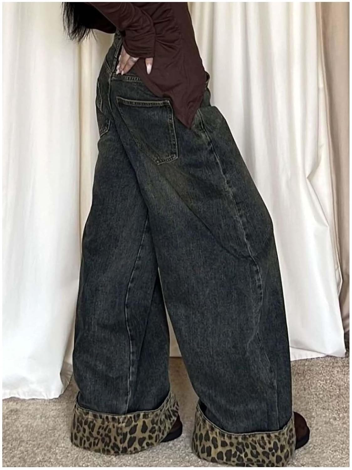 MLAFE Harajuku Women's Leopard Patchwork Jeans Grunge Spliced Wide Leg Jeans Y2k Loose Rolled Jeans Hip Hop Streetwear