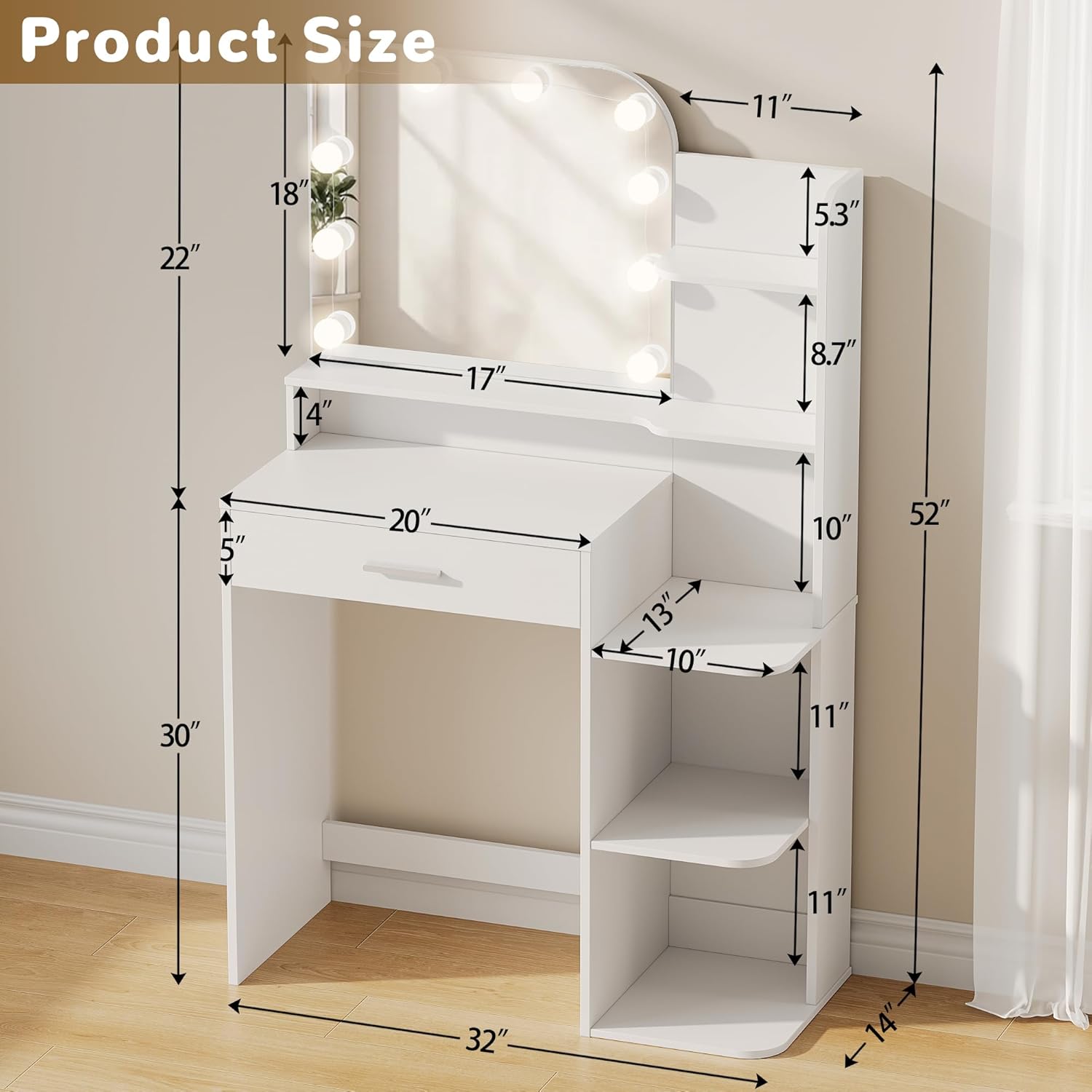 wanan Makeup Vanity Desk with Mirror and Lights, 32" W x 14" D x 52" H, Girls Vanity Set with 5 Storage Shelves, Big Drawer and 3 Lighting Colors, Women’s Vanity for Bedroom, White