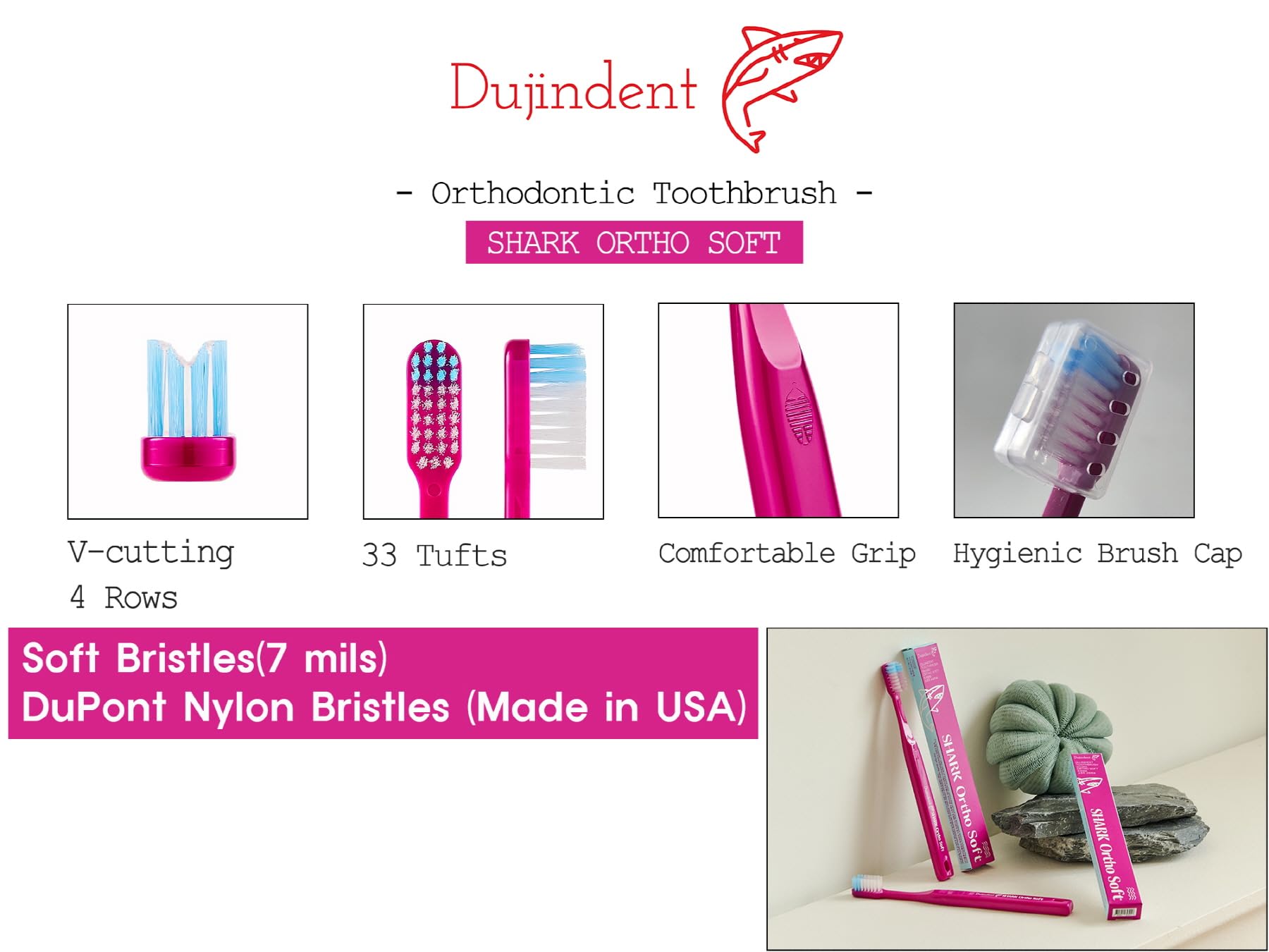 Spazzolino ortodontico per parentesi graffe [2 confezioni] Taglio a V Setole USA, Spazzolino da denti per la pulizia di staffe e fili (Shark Ortho Soft, 2 pezzi)
