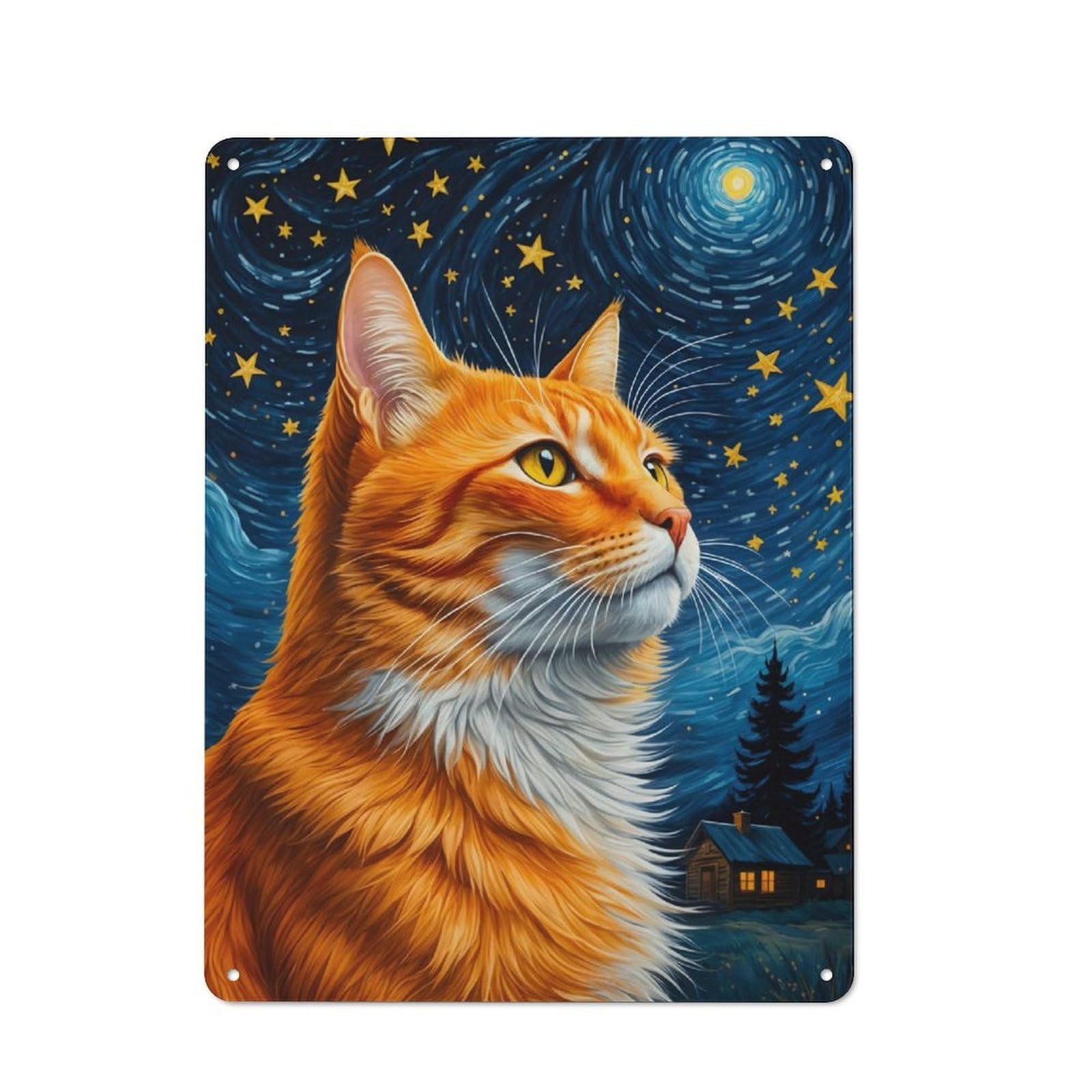 Orange Cat Starry Night Rustic Tin Sign 40x30cm for Café Or Home Bar, Suited to Hospitality Decor Collectors