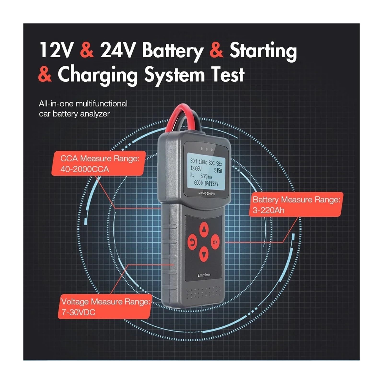 Batterie-Belastungstester, 200 Pro 12 V Digitaler Autobatterietester 200Pro EFB Blei-Säure-Batterie Anlassen Ladediagnosetool