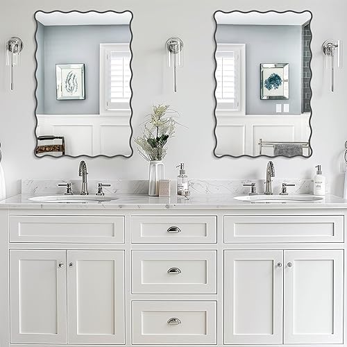 Miniatura 9 de Espejo de baño ondulado blanco de 24 x 36 pulgadas, espejo festoneado rectangular para decoración de pared, tocador de baño, dormitorio, sala de
