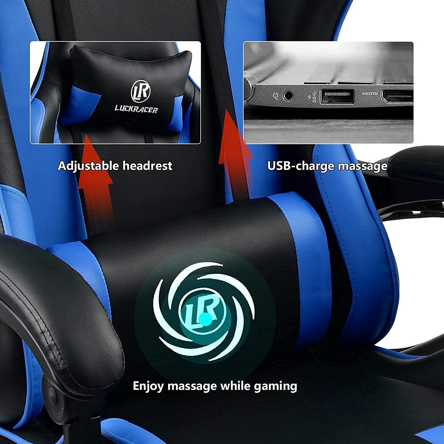 LUCKRACER Gaming Chair Massage With Footrest Ergonomic Office Chair With Massage Lumbar Pillow