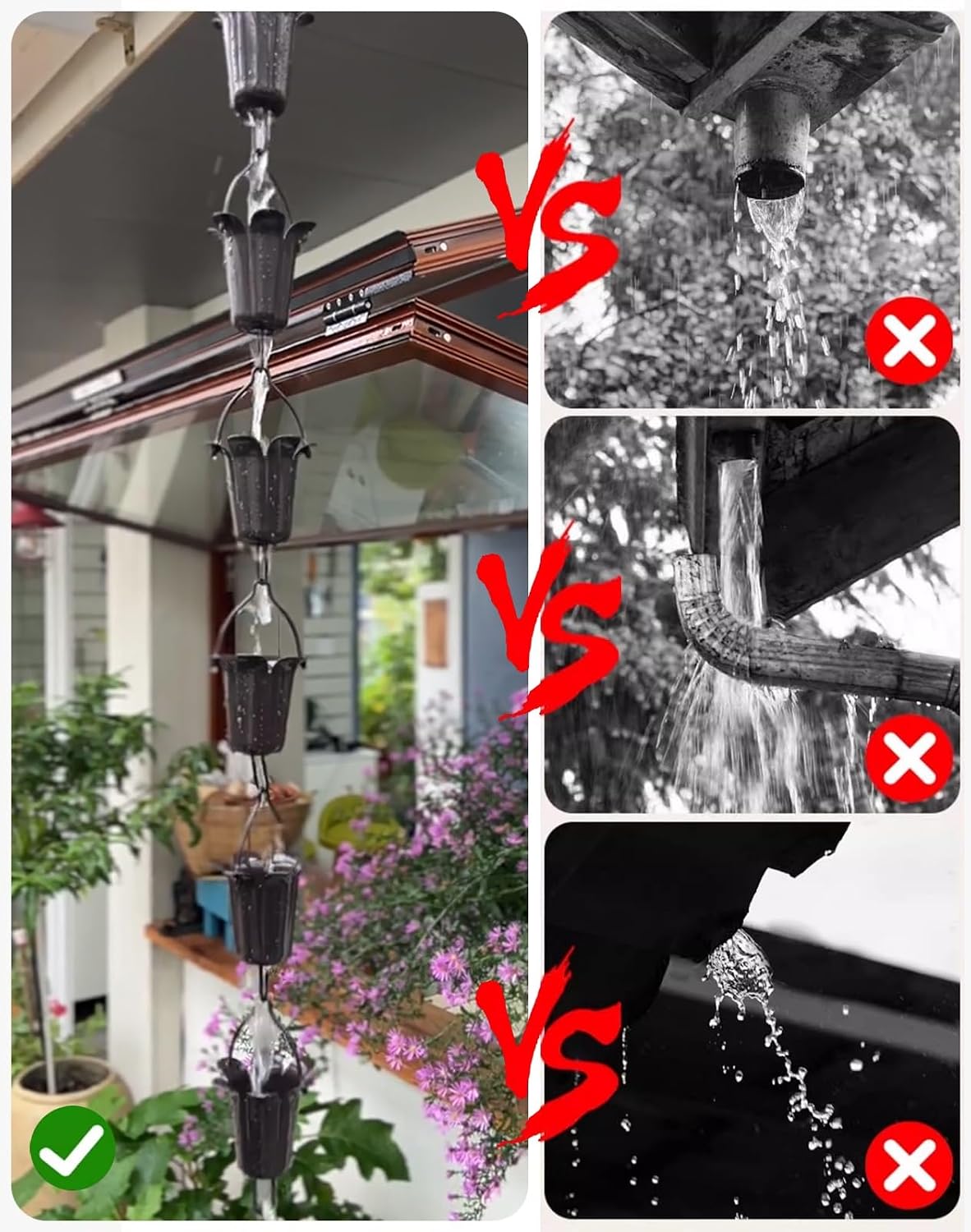Decorative Flower Cup Rain Chain Black, All Season Aluminium Rain Gutter Chains with S Hook, Outside Downspout Replacement Water Diverter(1.6m (5.25ft))