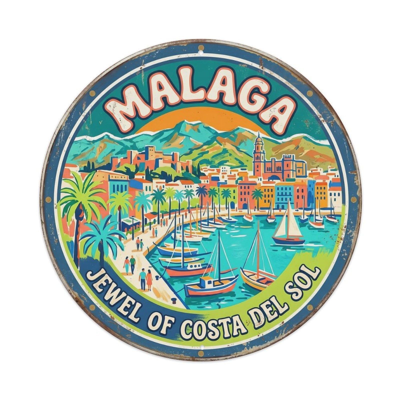 Malaga Harbor Mediterranean Classic Cartography Travel Cityscape Metal Tin Sign Plaque Wall Decor for Cafe, Man Cave, Club Bar, Office, Home Garden Round Metal Poster 8x8Inch