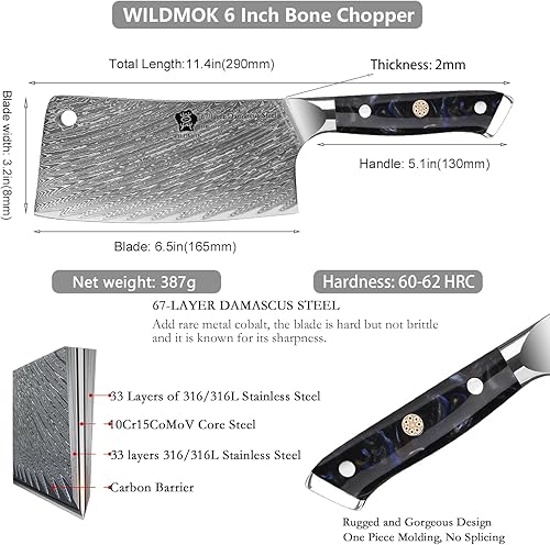Miniatura 9 de WILDMOK Cuchillo de carnicero profesional de 7 pulgadas, cuchillo de carnicero de acero de damasco, cuchillo de cocina de carnicero resistente,