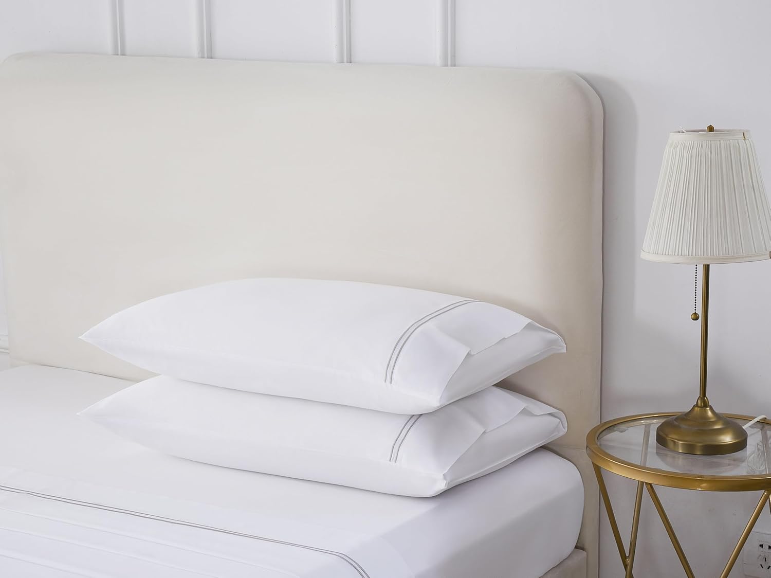100% Cotton Queen Size Pillowcases with Embroidery 20x30 Inches Set of 2 with Envelope Closure, Soft and Breathable Hotel-Quality Pillow Covers (White-Grey, Queen)