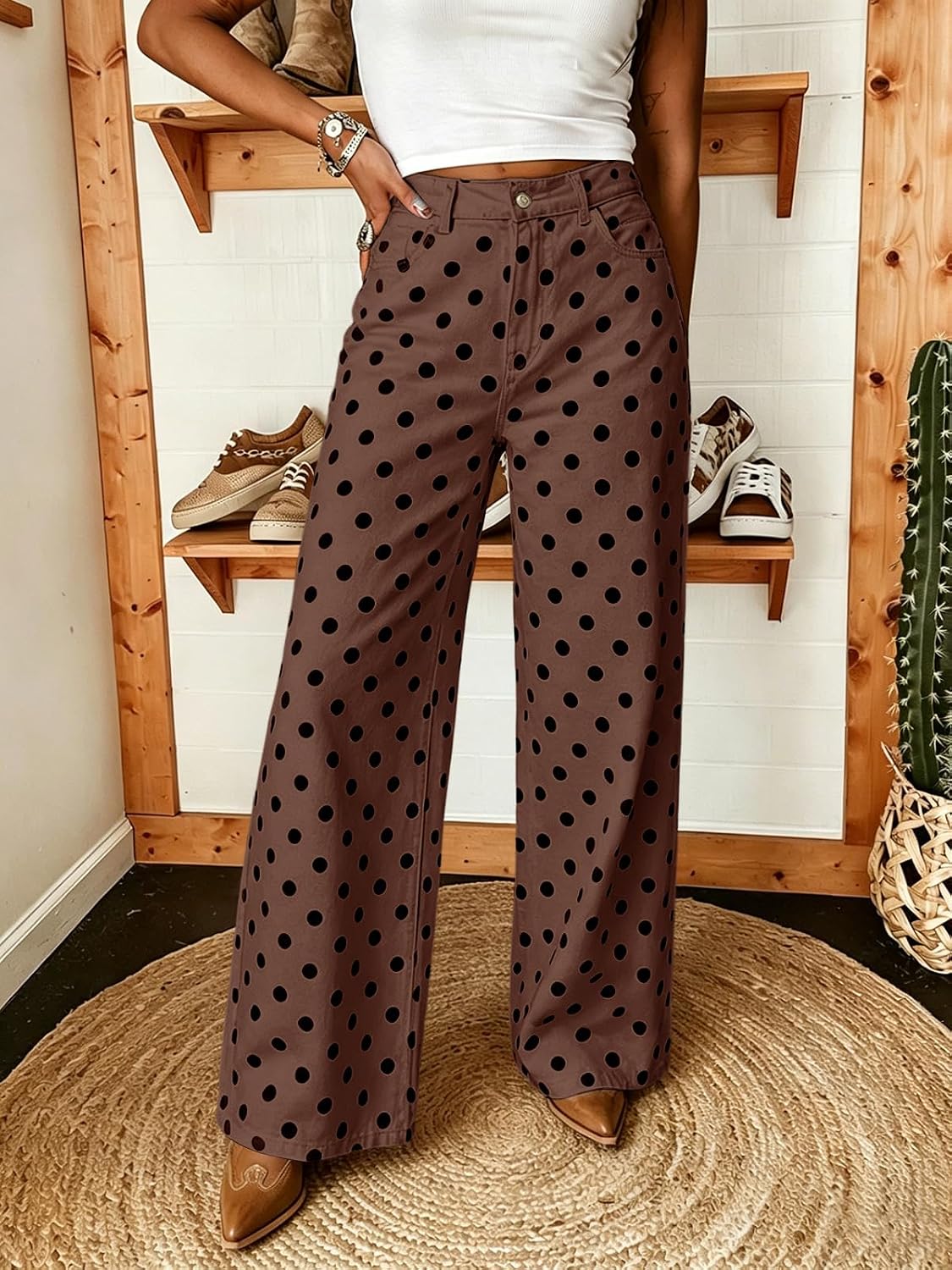 ebossy Women's Retro Polka Dots Denim Pants Wide Leg Y2k Boyfriend Barrel Jeans Long Palazzo Harem Trousers