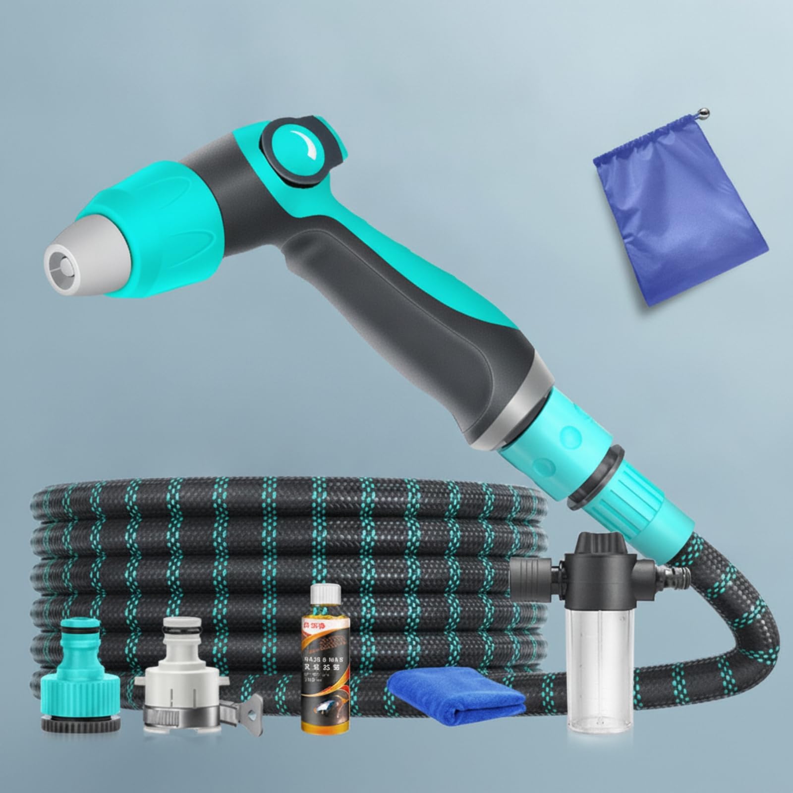 Baoblaze Idropistola Ad Alta Pressione Set Irrigazione Tubo Estensibile Pistola Spruzzo Multigetto Connettori Standard Universali Borsa Conservazione Tessuto