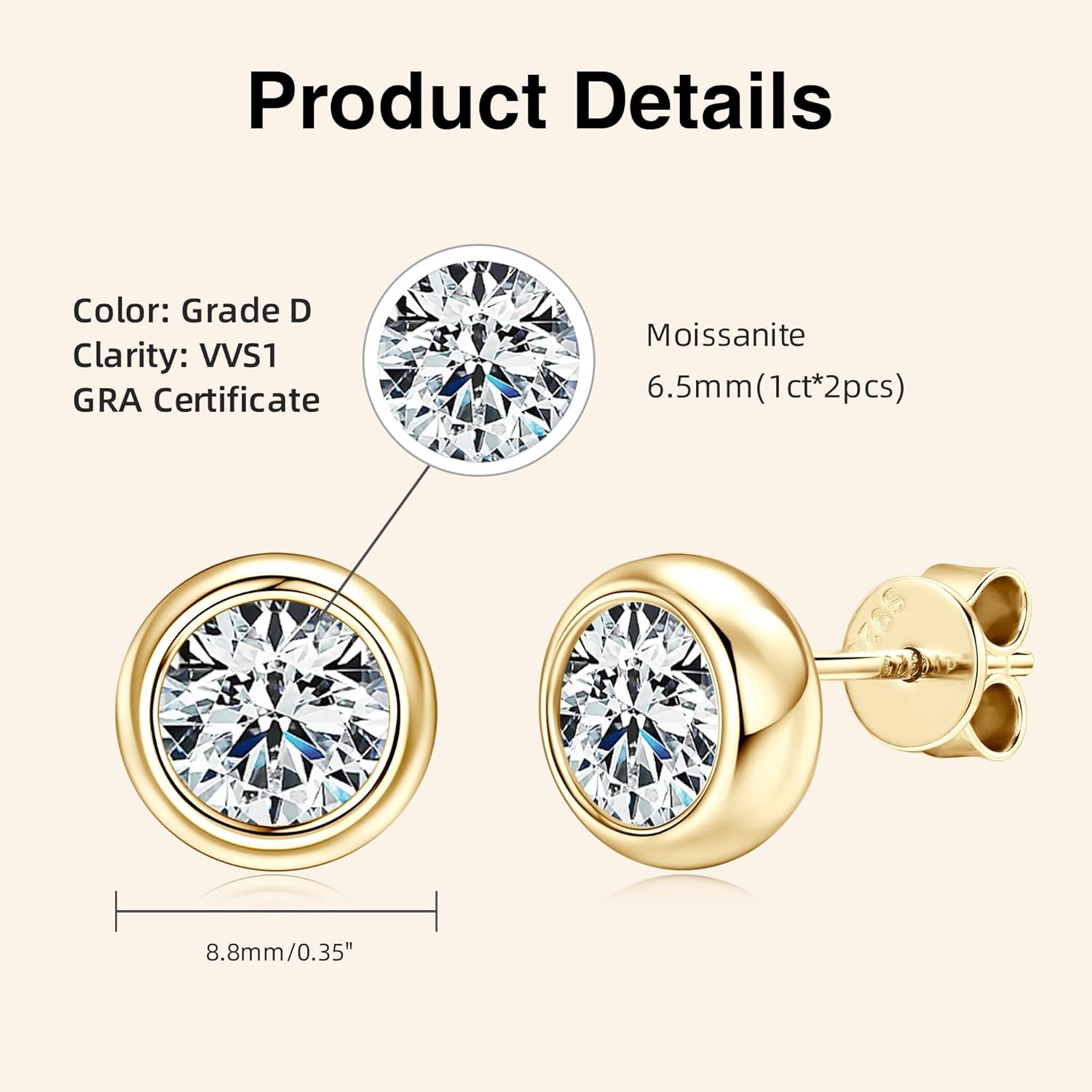 925 Sterling Silver Round Moissanite Stud Earrings for Women & Men, D Color VVS1, Hypoallergenic Bezel Set, 14K Gold Plated, Imitation Diamond Gifts - Image 6