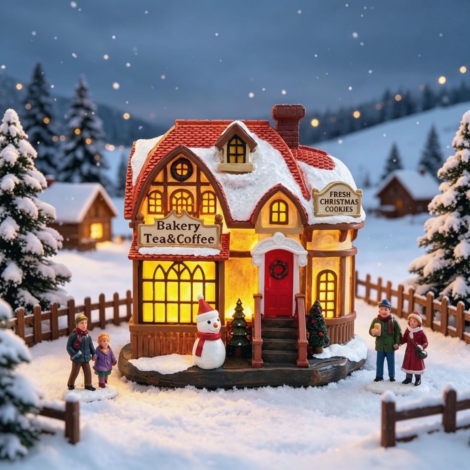 Beleuchtetes Weihnachtsdorfhaus, 16,5 cm, Kunstharz, kleine Weihnachtshäuser, Dorf, batteriebetrieben, Bäckerei für Weihnachtsdekorationen, Tischdekoration