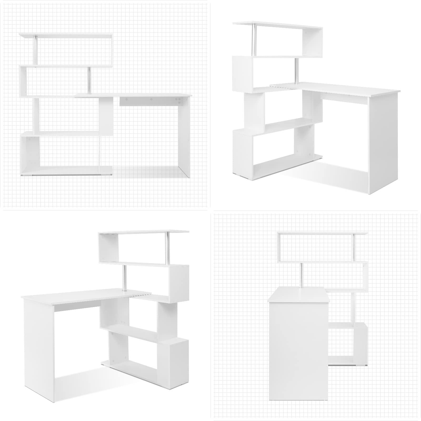 Mondeer Computertisch L-Förmig, Eckschreibtisch, mit 360 Grad Drehbarem Bücherregal für Arbeitszimmer Wohnzimmer Büro 157 x 45 x 130,5 cm, Weiß