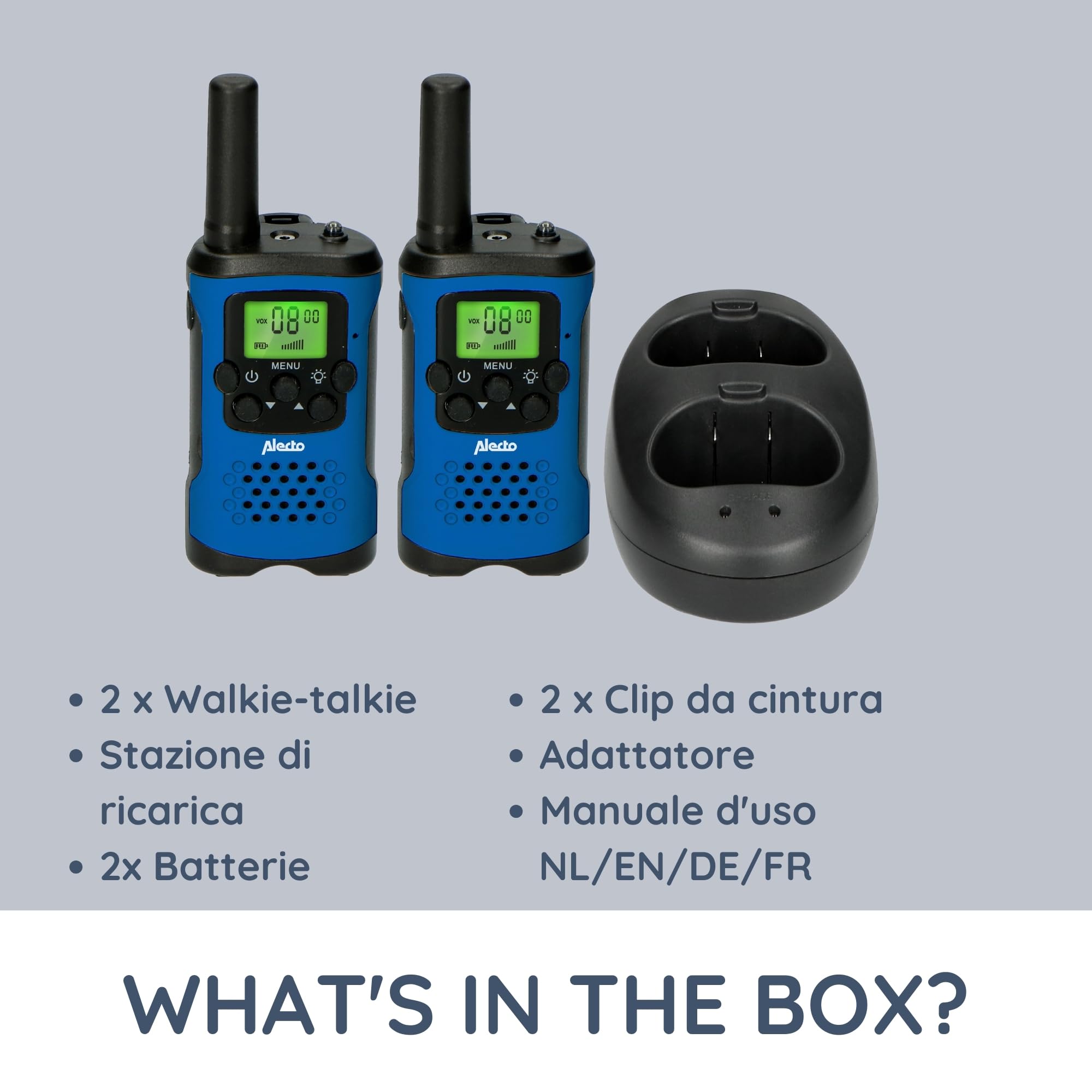 Alecto FR175BW Set di Due walkie Talkie - Talki Walki con Portata Fino a 7 km - Walky Walky per Bambini con 8 canali - Blu/Nero