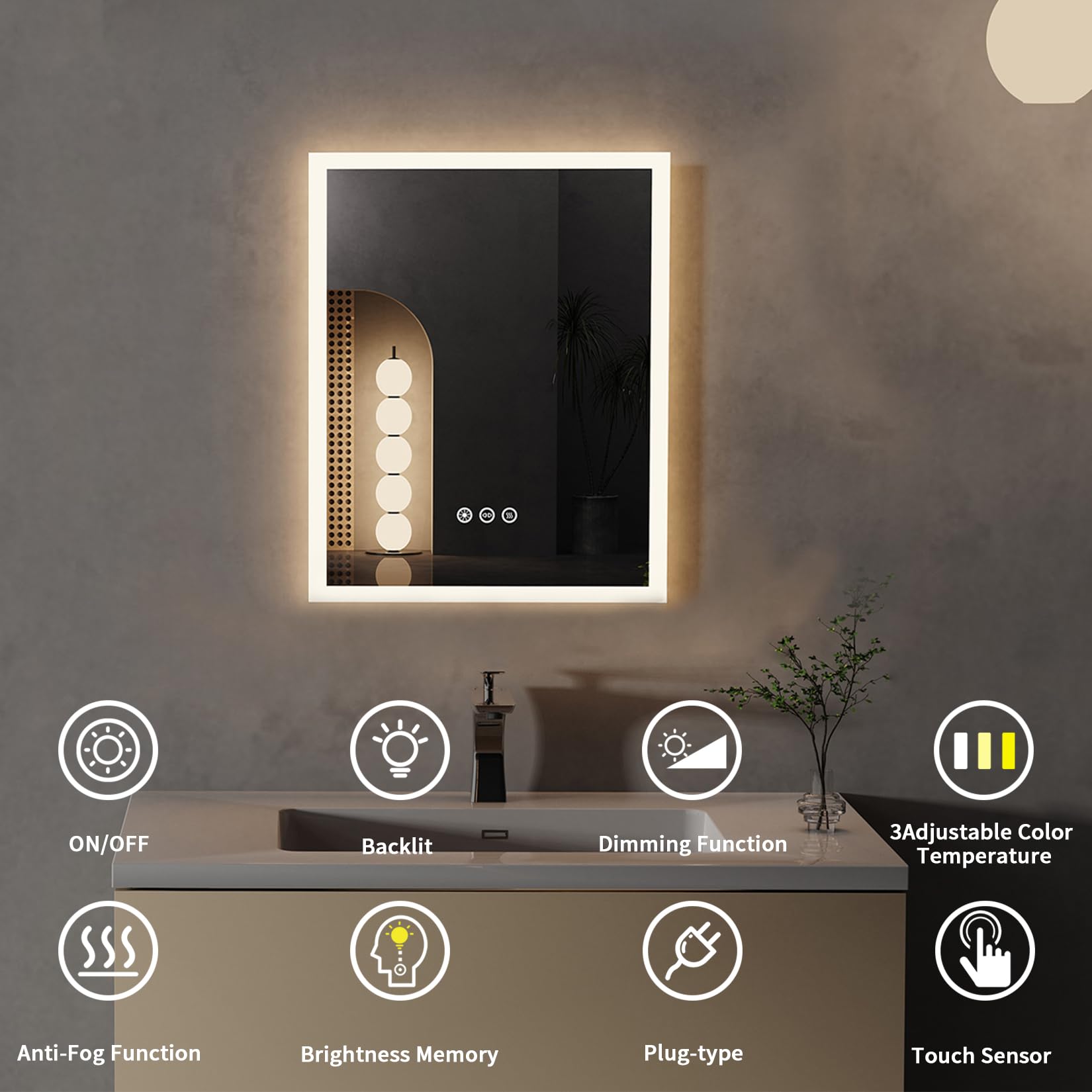 LUVODI Specchio Bagno con Luce LED 40x50cm, Antiappannamento, Dimmerabile, 3 Colori Luce, 3000-6000K, Touch, specchio bagno retroilluminato da Parete Rettangolare, Funzione Memoria