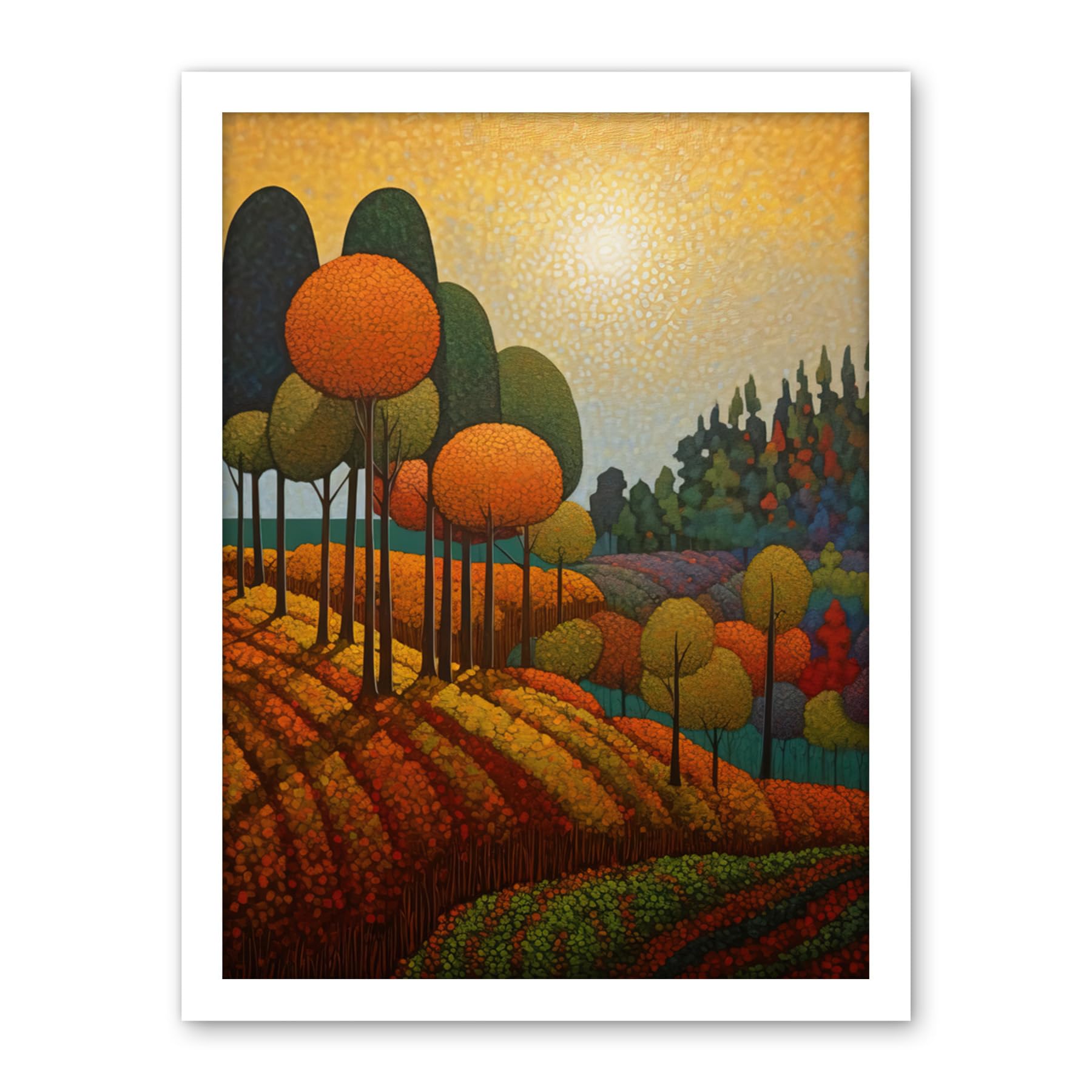 Artery8 Autumn Fields Pointillism Painting Amber Orange Green Countryside Landscape Artwork Framed Wall Art Print 18X24 Inch