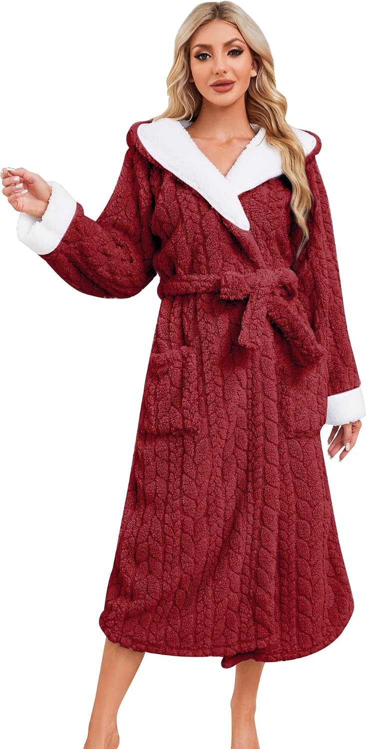 LYCY Womens Plush Hooded Robe, Soft Fluffy Womens Fleece Robe Long Warm Bathrobes for Women