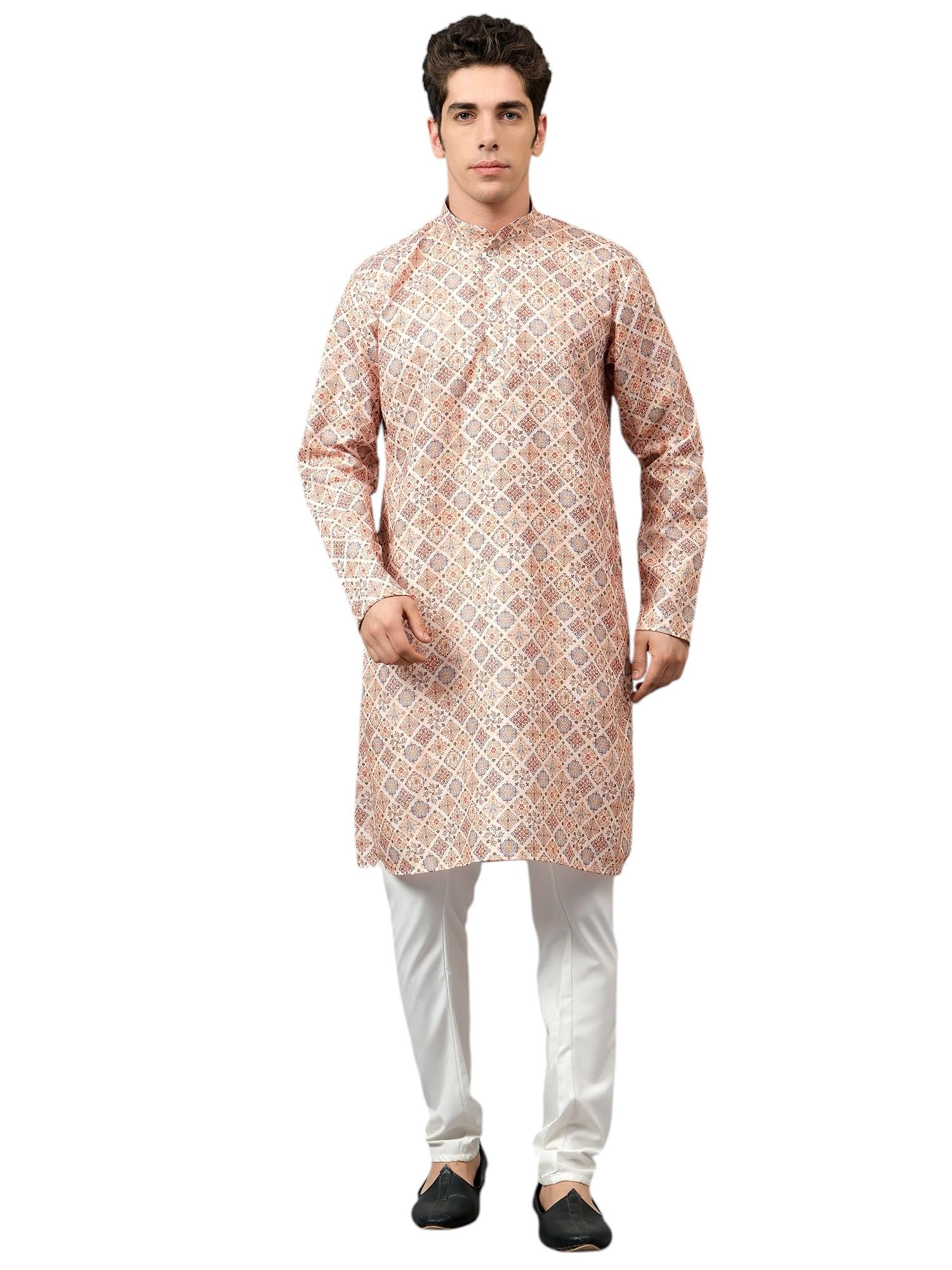 Rare Rabbit Men's Printed Ethnic Wear Kurta Pajama Set | Stylish Cotton Kurta Set for Men, Classic Fit for Weddings and Festive Occasions(2423) Multy_Fawn_36 in multi