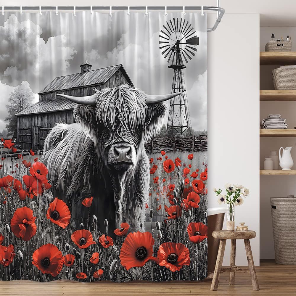Highland Cow Shower Curtain Farmhouse Rustic Country Red Floral Flower Grey Gray Windmill Vintage Cottage Funny Fun Bull Cattle Western Animal Polyester Fabric Bathroom Decor 70×78 Inch with Hook