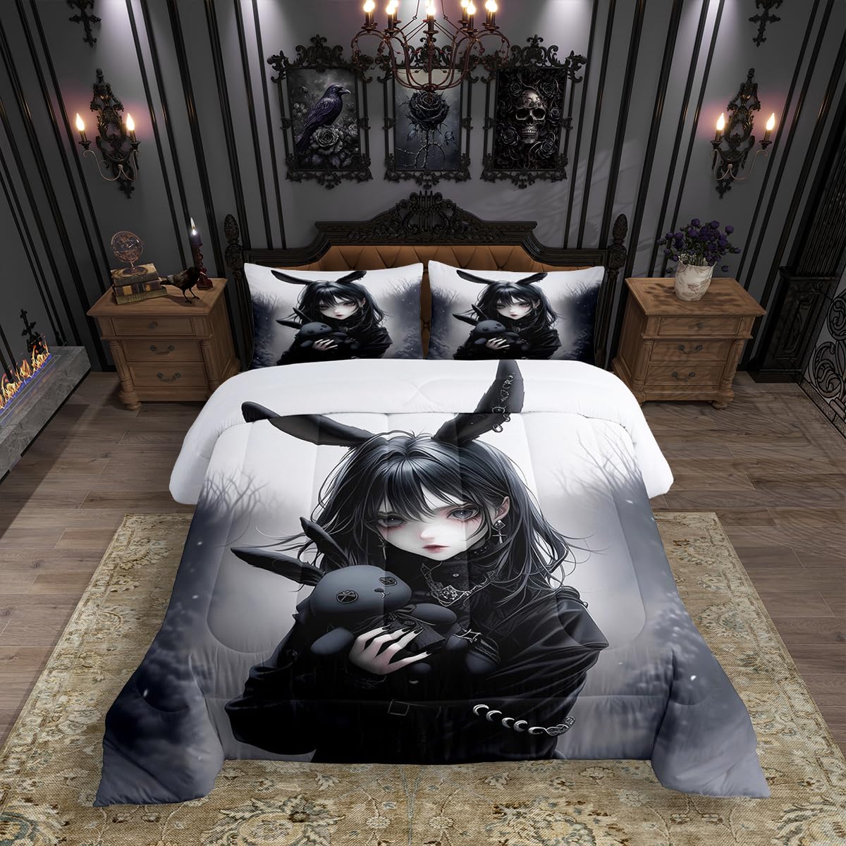 Erosebridal Anime Bedding 3D Japanese Girl Comforter Sets Twin,Anime Gifts Bedding Set for Girls,Gothic Cartoon Rabbit Print Down Comforter Exotic
