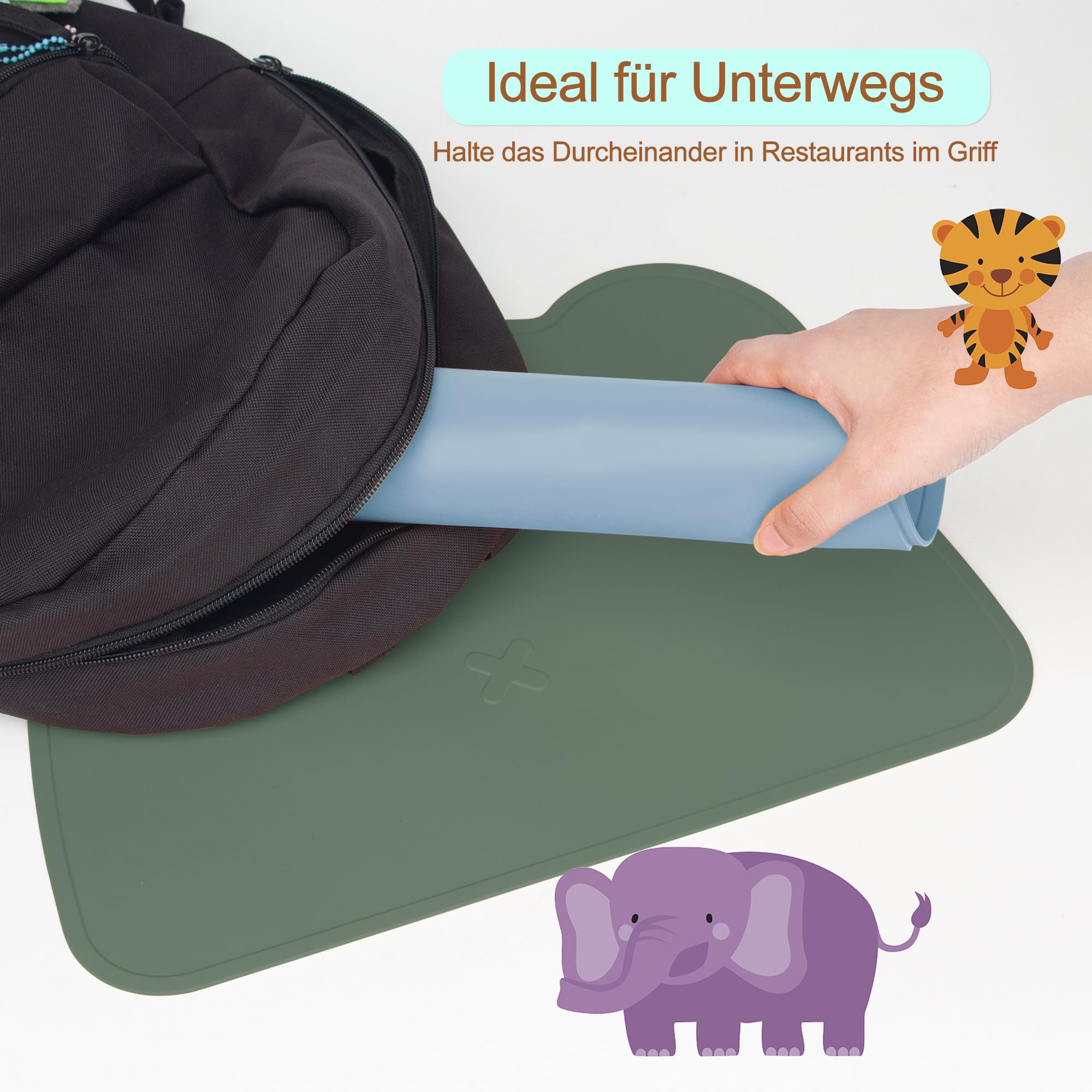 Mantel individual para niños con oso, mantel individual de silicona lavable, mantel antideslizante para niños, sin BPA, protección antimanchas para niños y bebés (azul claro y amarillo
