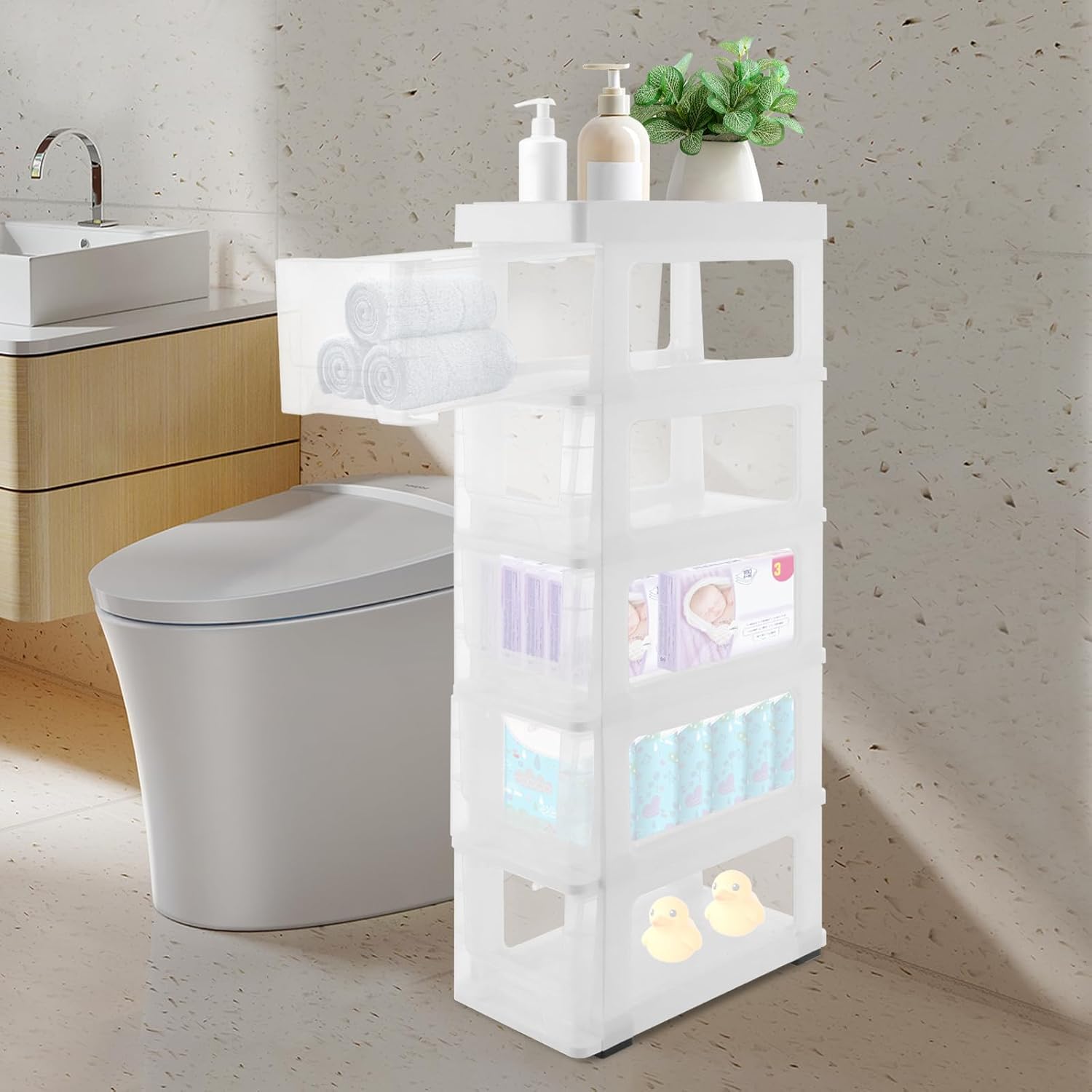 LOYALHEARTDY Bathroom Floor Cabinet,5 Drawers Slim Bathroom Storage Cabinet Dresser,Narrow Plastic Rolling Cart Organizer,Bathroom Cabinet for Small Spaces, Laundry,Office, (White)