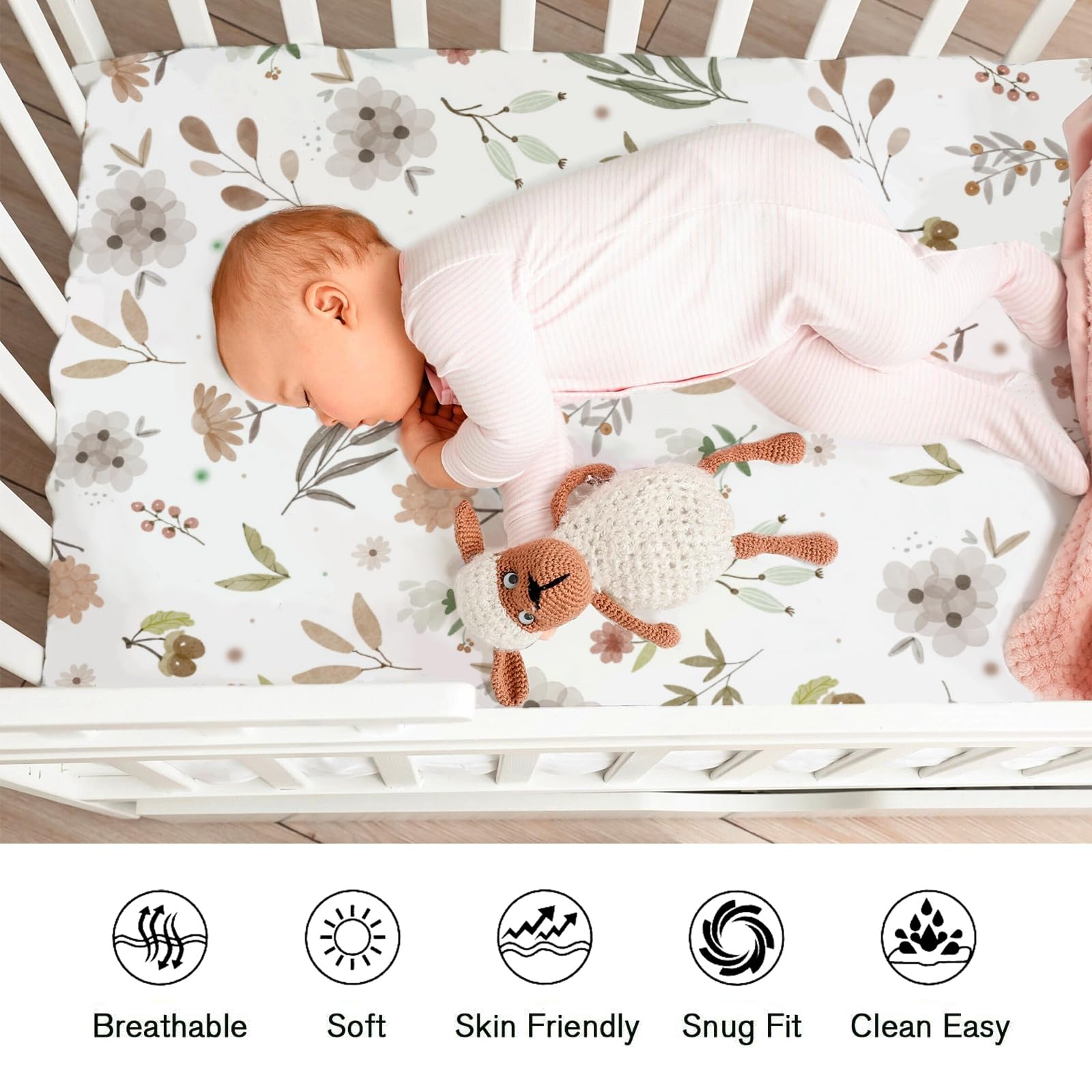 Green Succulents Boho Crib Sheets - Fitted Baby Sheets For Standard Crib & Toddler Bed Mattress