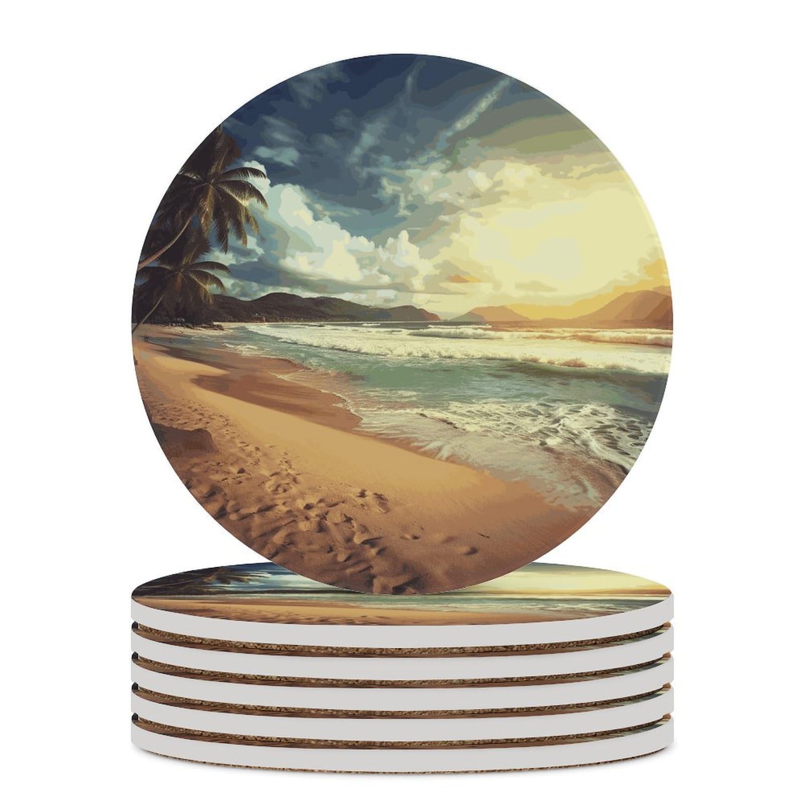 Sunset on The Beach Coaster with Cork Base Drink Coasters for Coffee Table Decor Modern Cup Coasters with Non-Slip & Heat-Resistant Cute Ceramic Table Coaster for Home Dining