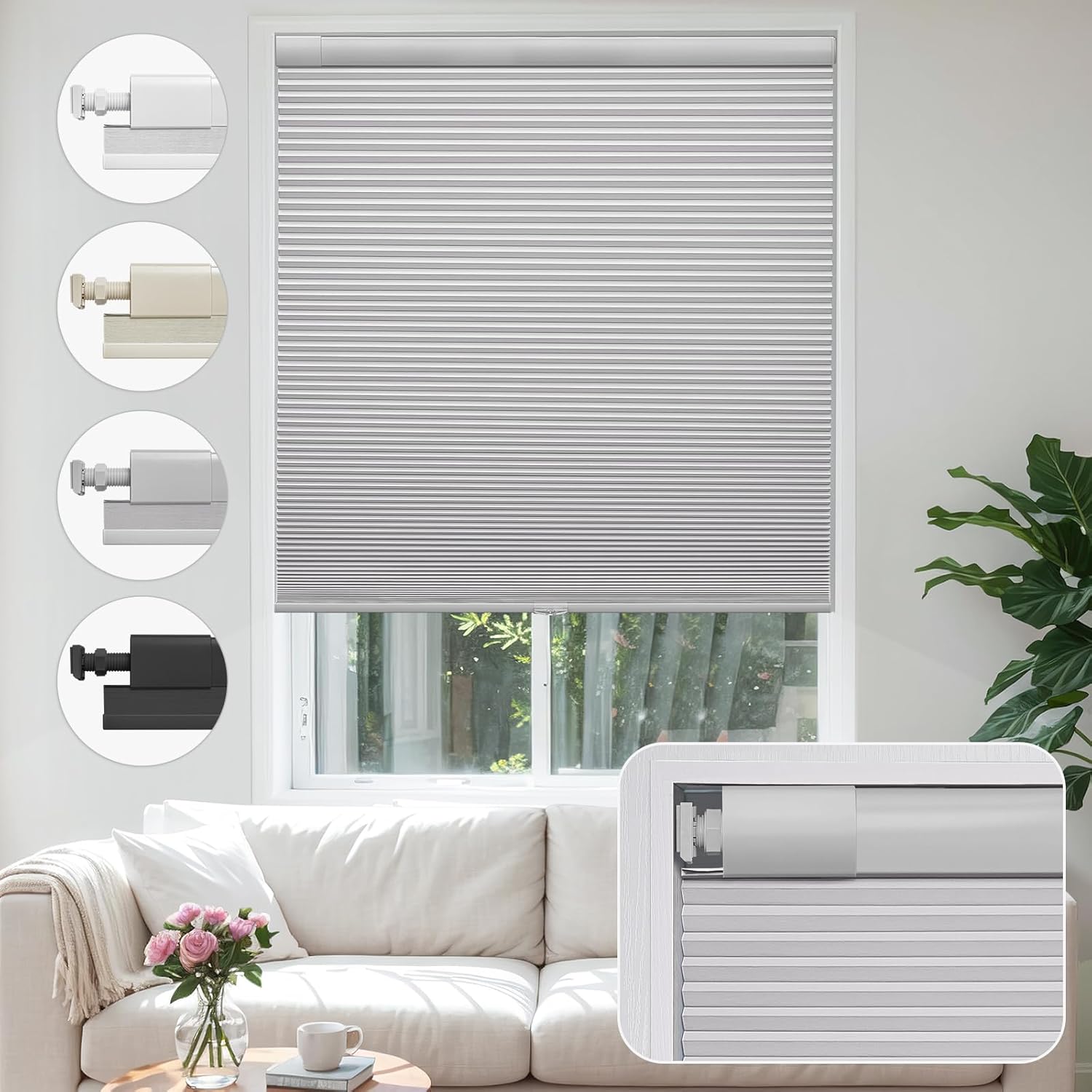 MiLin No Drill Cordless Cellular Shades Color-Matched No Tools Cellular Blinds Honeycomb Design Tension Blinds & Shades for Window (Blackout Gray, 13 1/2" W x 48" H)