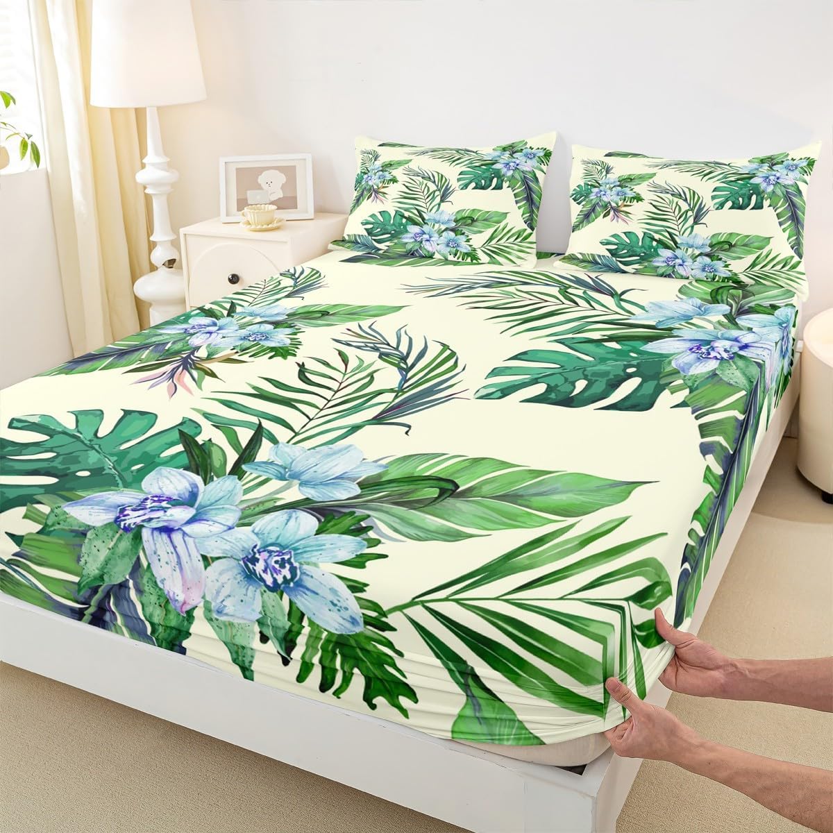 Palm Leaves Fitted Sheet,Full Size Watercolor Flowers Hawaii Themed Collections,Tropical Summer Bedding Deep Pocket for Children Teens Young with 2 Pillowcases(No Flat Sheet)