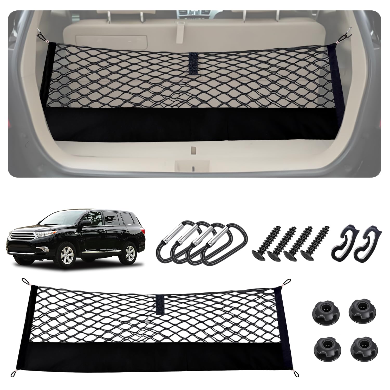 Truck Bed Cargo Net for Toyota Highlander 2020-2025 2026 Accessories, Envelope Style Rear Trunk Mesh Cargo Net, Heavy Duty 5mm Bungee&amp;Double-Layer Nylon Storage Tailgate Netting Holder Organizer