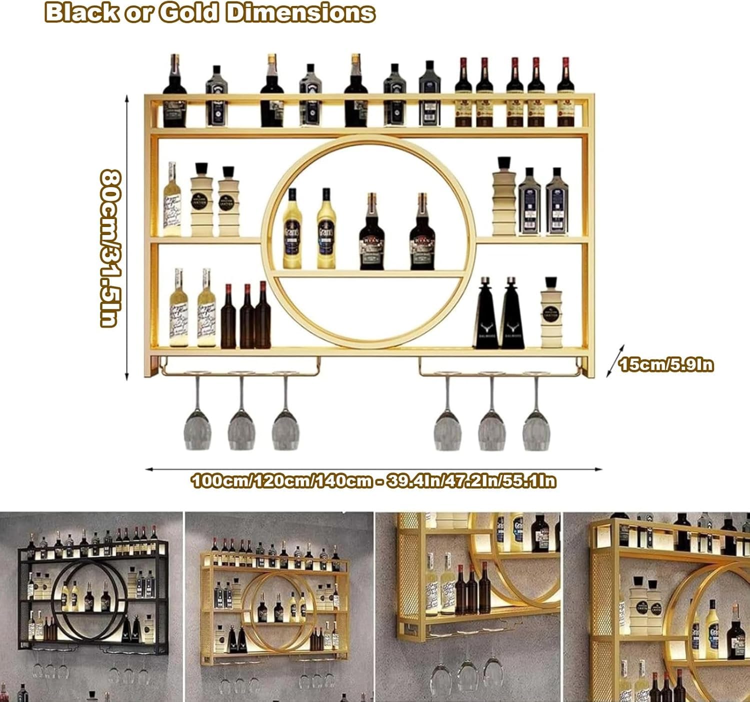Moderno estante de pared con luz LED, estantes flotantes para botellas de licor y copas de vino colgantes, perfecto para cocina y sala de estar