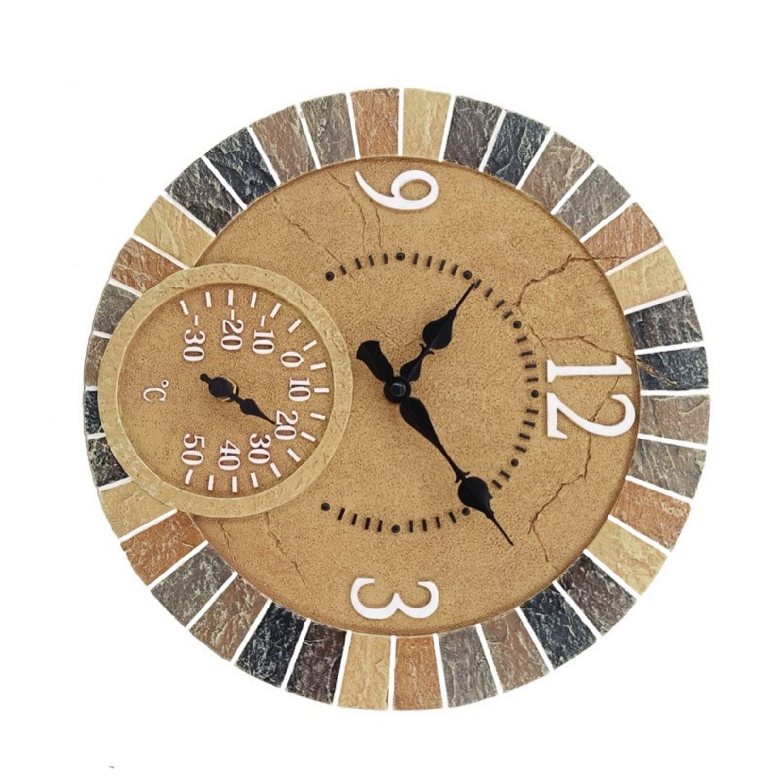 Reloj de pared con pantalla de temperatura y estética de piedra rústica de resina