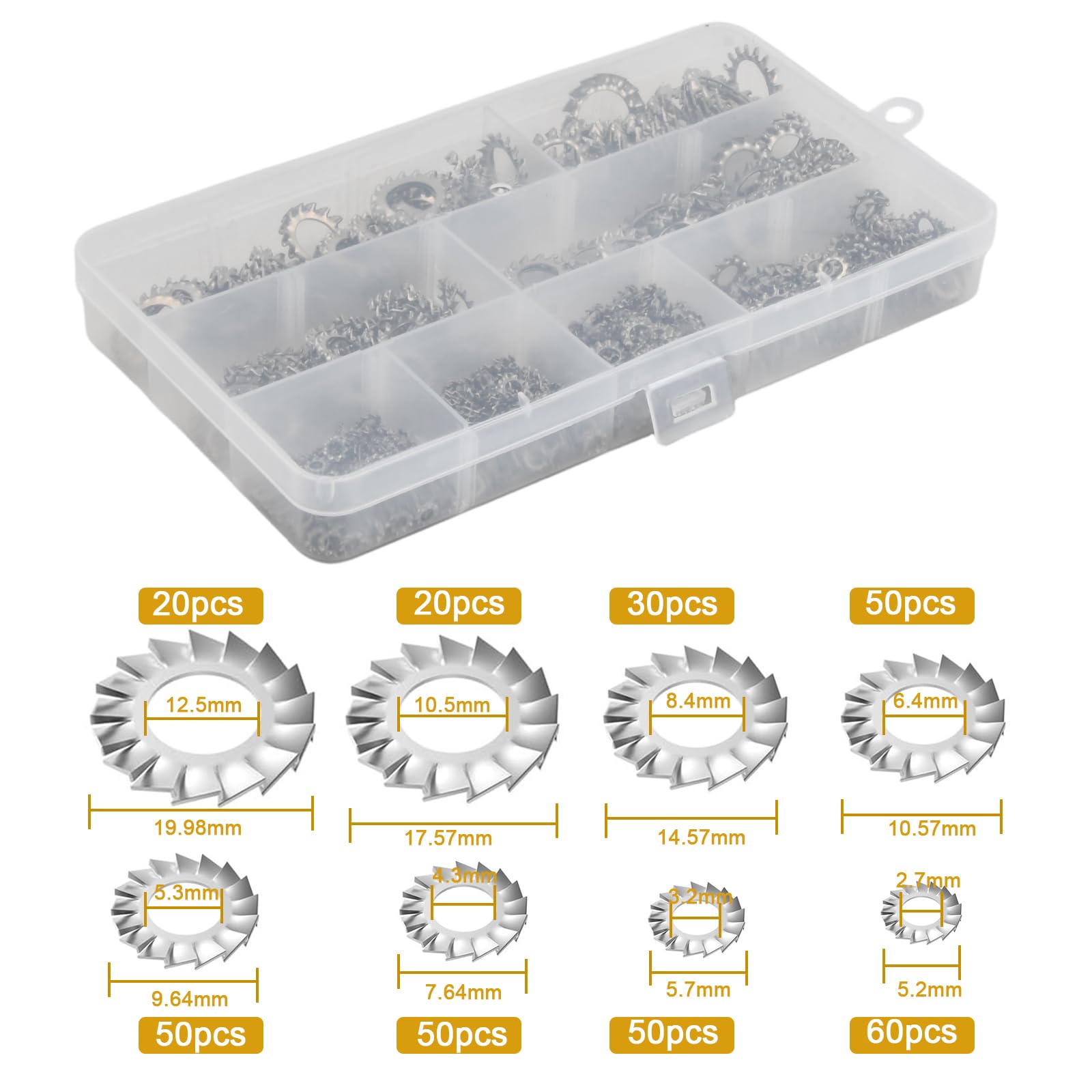 555 Pezzi Rondelle di Sicurezza Dentate Esterne in Acciaio Inox 304 – Rondelle Anti-Vibrazione, Bloccaggio Denti a Stella Assortimento Kit Assortito 8 Misure per Fai Te, Automotive ed Edilizia