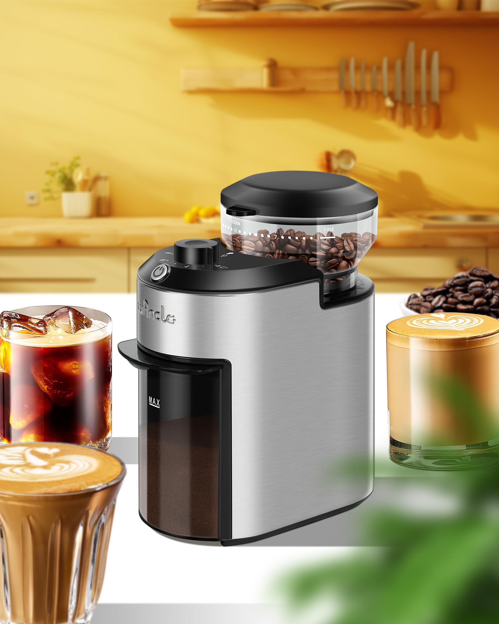 Moulin à Café à Meule Wancle 200W avec 28 Réglages de Mouture, Protection Contre la Surchauffe, Capacité de 2 à 12 Tasses, Design Compact pour un Rangement Facile, Acier Inoxydable, 220V