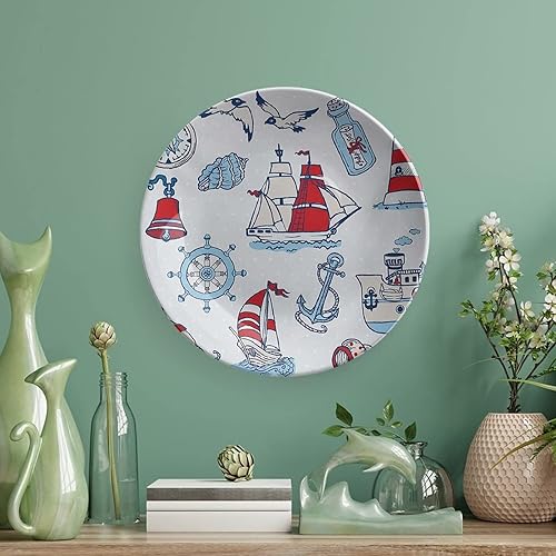 Miniatura 5 de Placa decorativa de 8 pulgadas, placa de porcelana náutica, criaturas marinas simbólicas de navegación, brújula, placa de exhibición para niños,