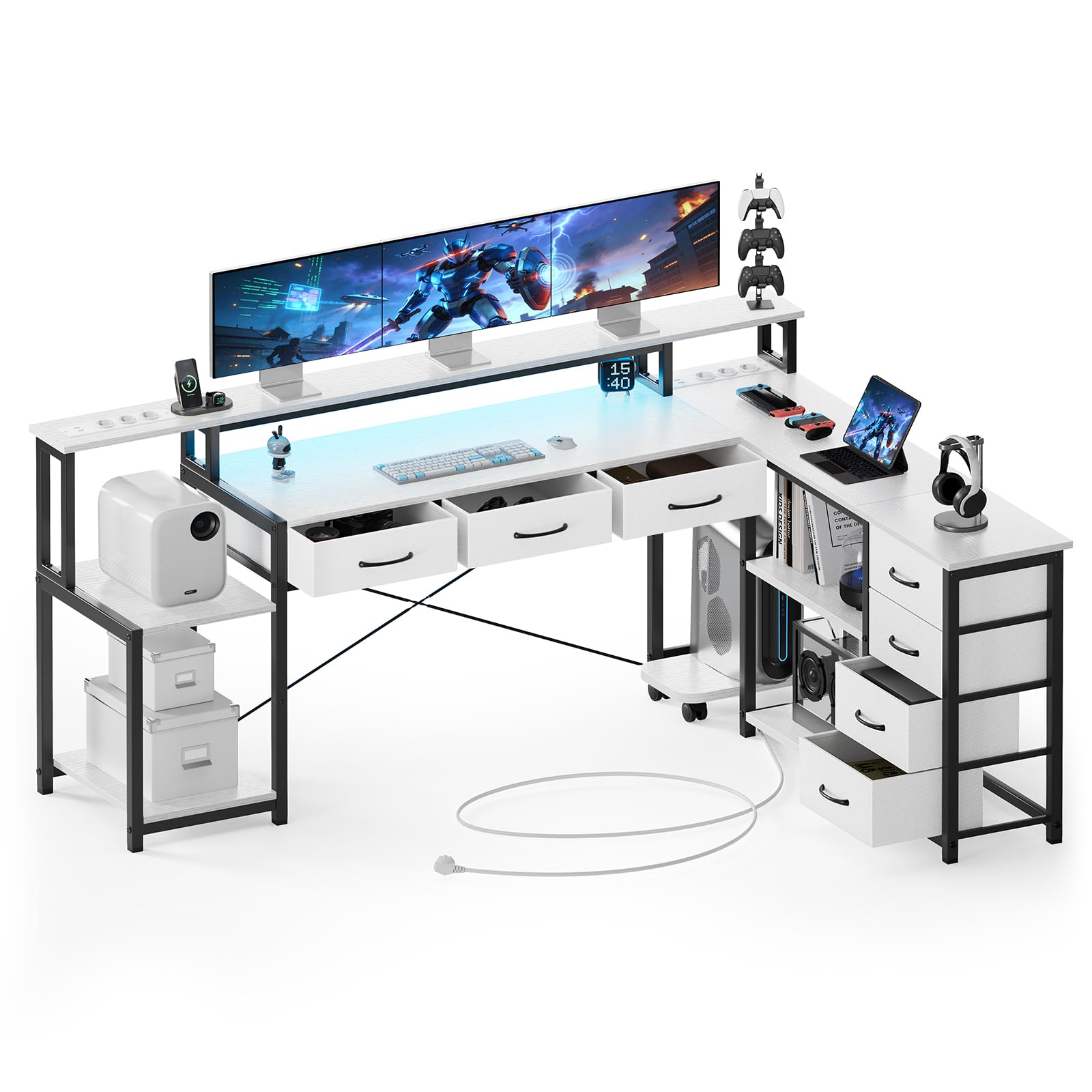 Schreibtisch L-Form 200 x 146 cm mit LED, Steckdose & Schubladen, Weiß
