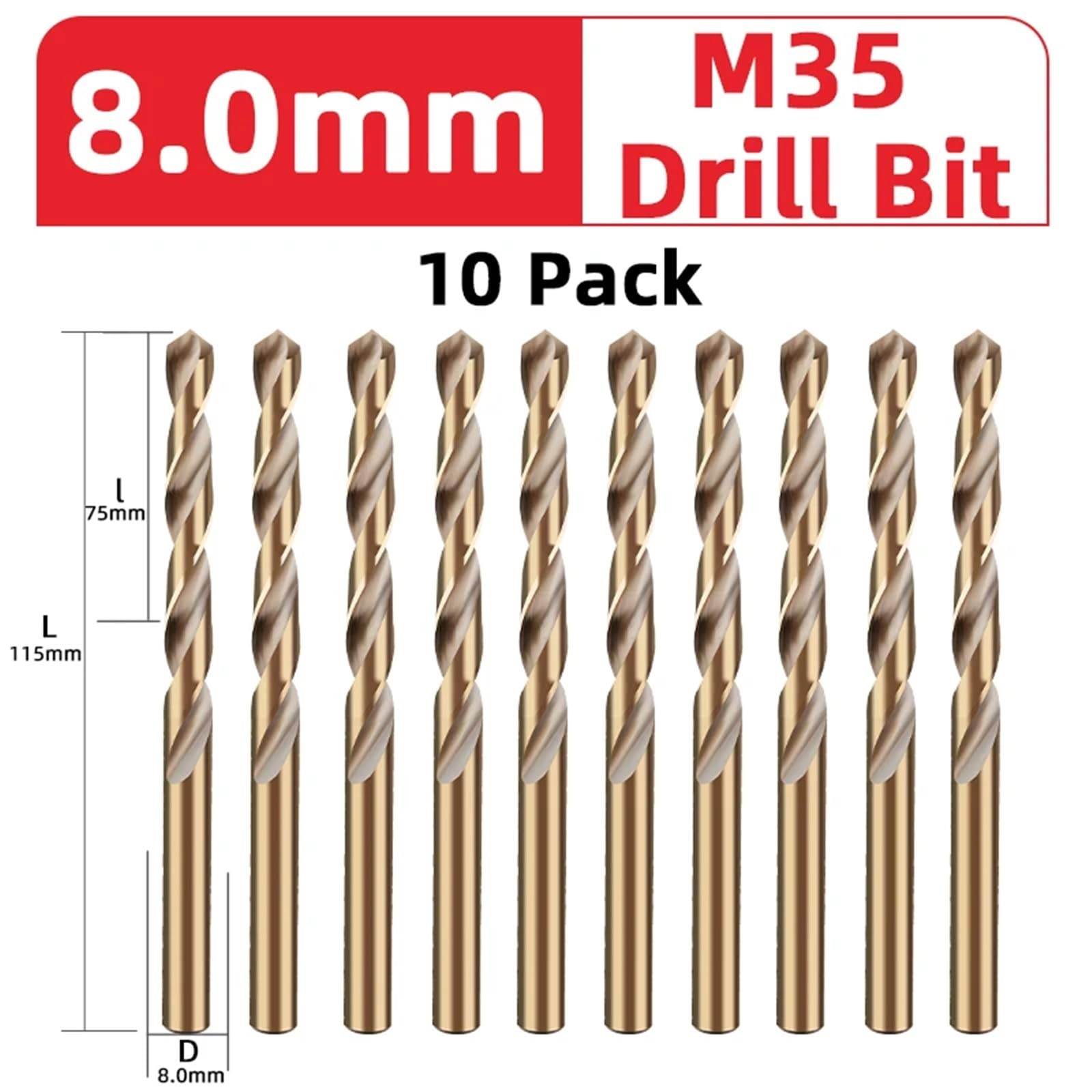 Juego de brocas helicoidales M35 2 filos for 8% cobalto for acero inoxidable, madera y metal broca(8.0mm)