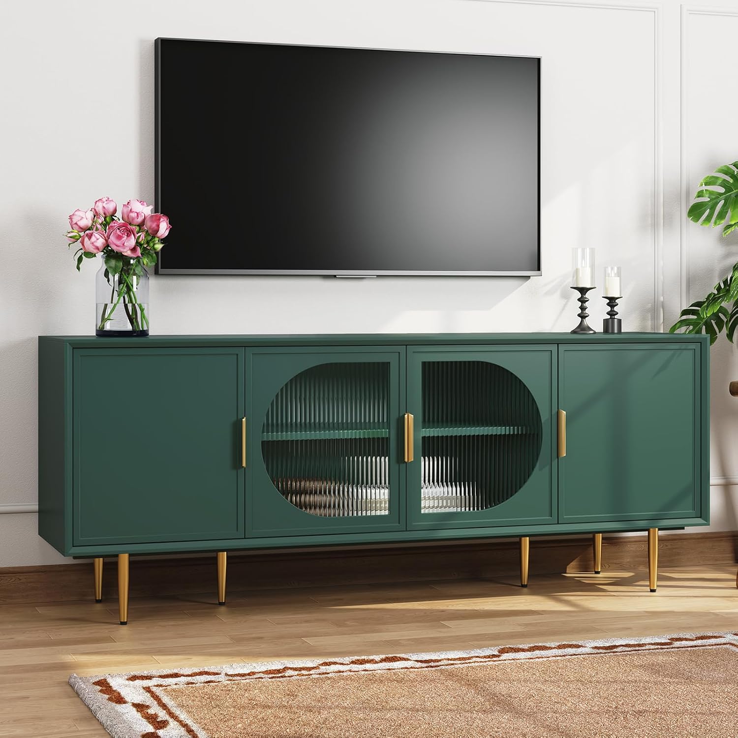66" TV Stand for 75 Inch TV, Minimalist Media Console with Adjustable Shelves, Modern Entertainment Center with Storage for Living Room Bedroom, Green